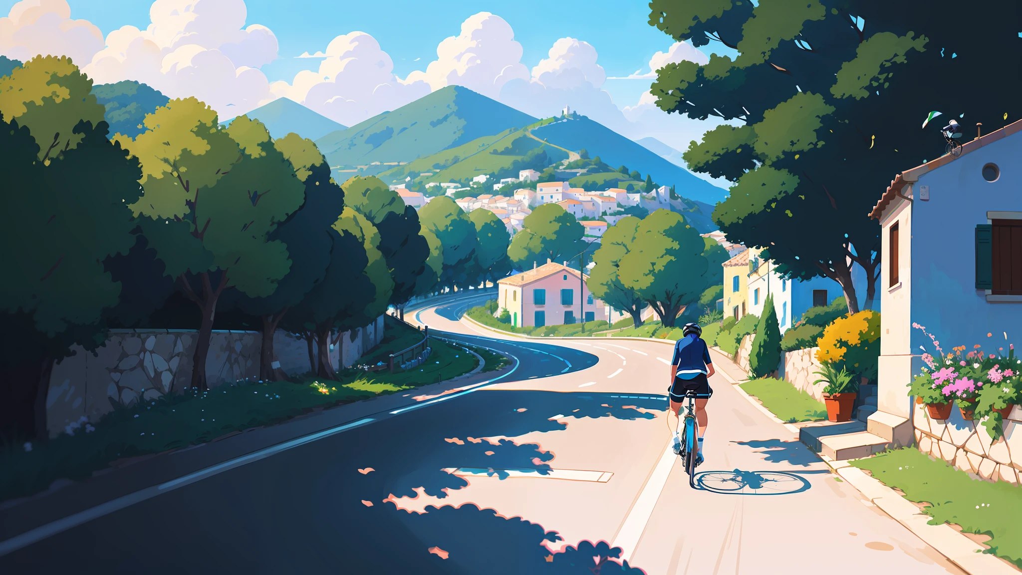 (bike: 1.5), (cyclist: 1.5), (realistic cyclist: 1.5), (solo cyclist: 1.4), (Italy: 1.4), (Apulia Region: 1.4), (seaside: 1.4), beautiful landscape, shadows, contrast, makoto shinkai, (Best quality: 1.3), (Highres:1), Art by Studio Ghibli Style, Impressionism, Vibrant colors