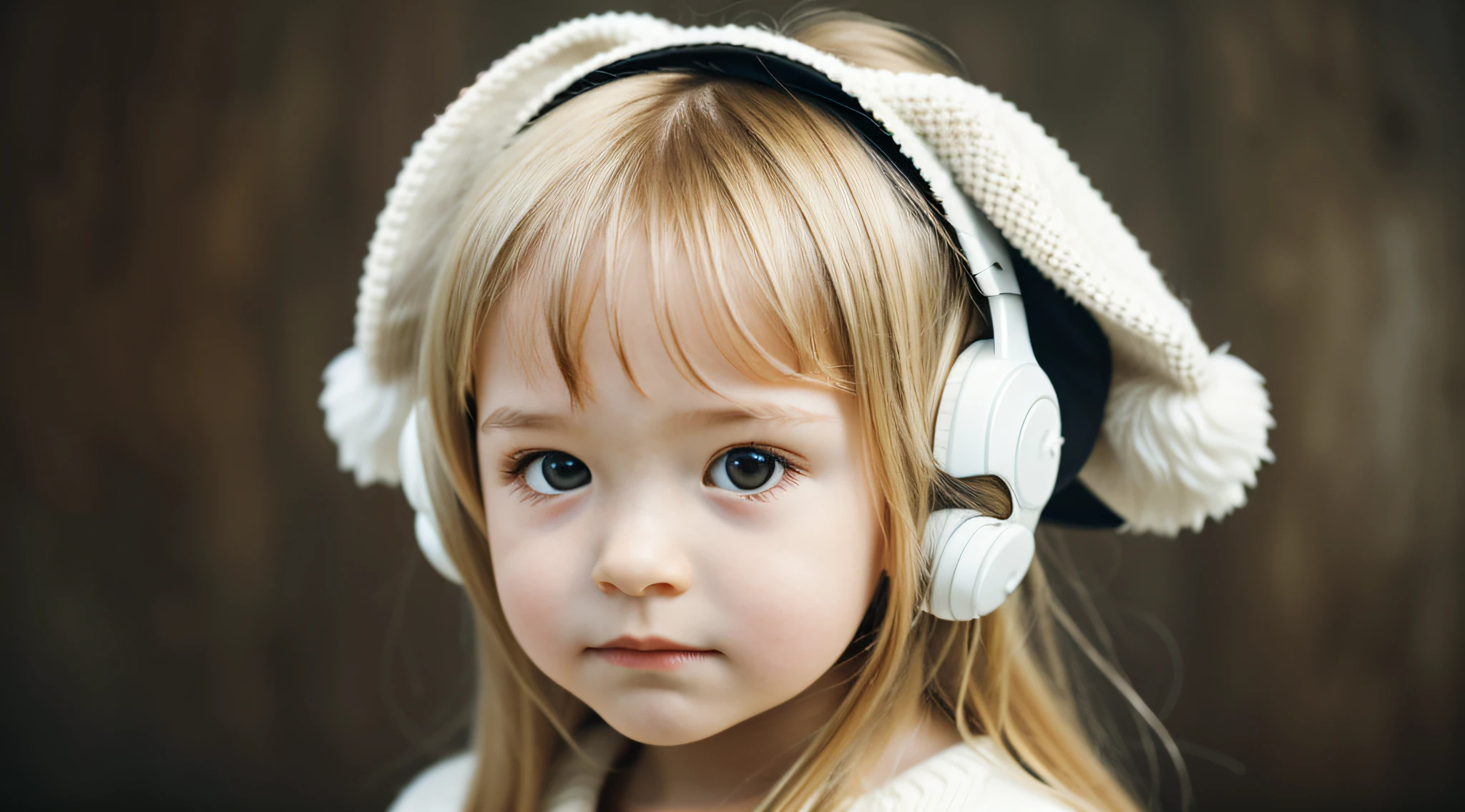 CHILD girl with long blonde hair wearing a white sweater and muffled black ears.
