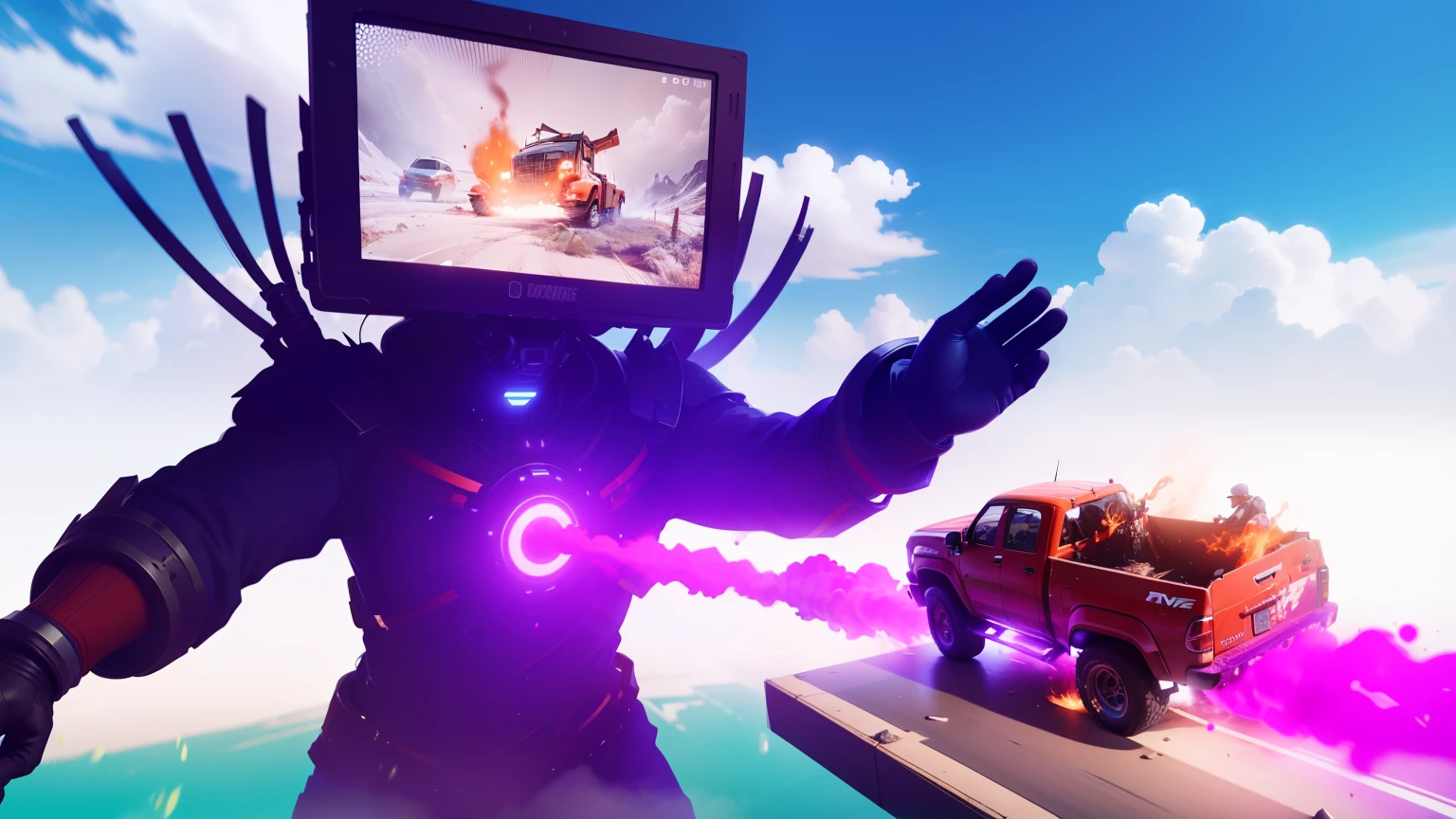 there is a man with a box on his head and a truck in the background, aesthetic octane render!, roblox screenshot, videogame still, aesthetic octane render, in game style 8k, skybox, colorful vivid octane render, emitting evil red aura, car jump, car jumping, overload, vrchat, first person screenshot, high quality screenshot, virtual reality metaverse engine --auto