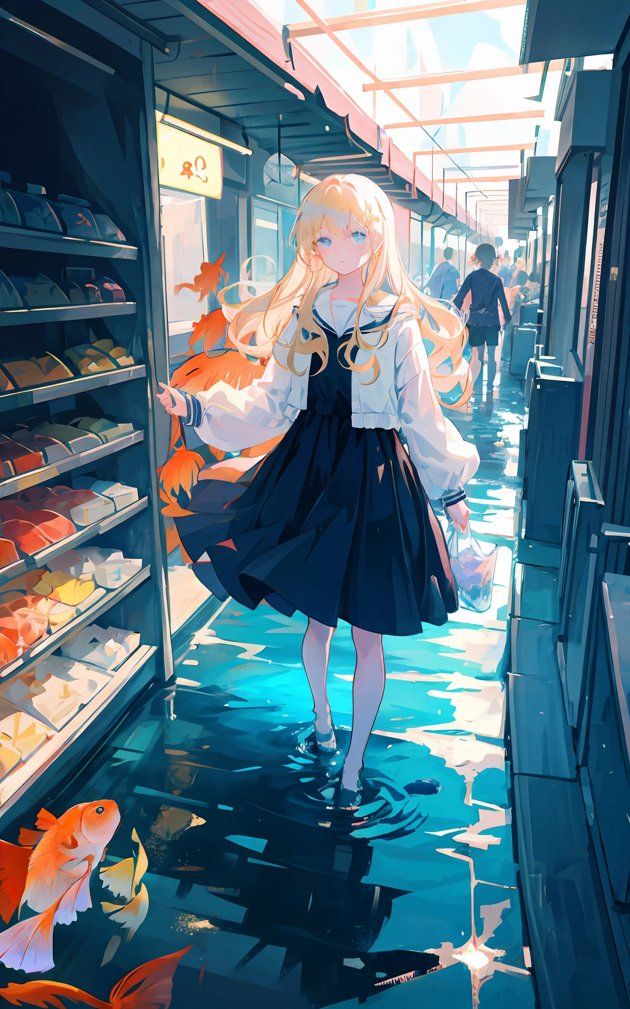 Light blonde haired 2d anime girl with pale violet blue eyes standing in the main street of an underwater city, glowing goldfish and Jellyfish swimming around her