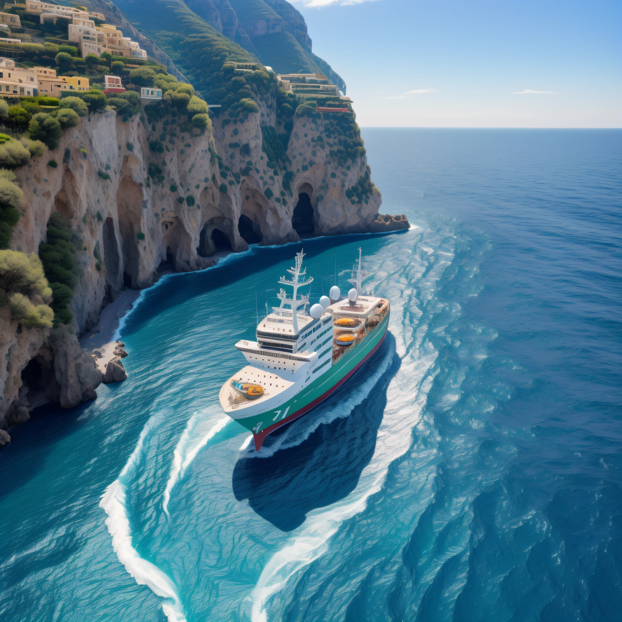 Transatlantic ship sailing on the Amalfi coast drone aerial photography