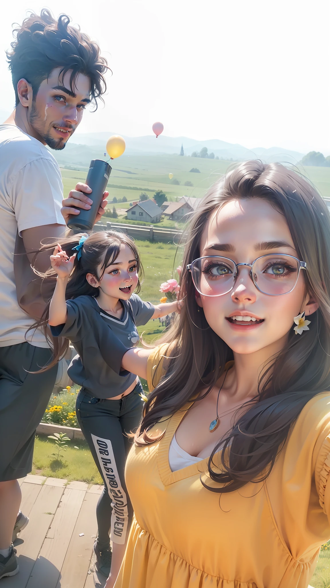 A girl holding flowers, colorful balloons floating in the sky, meadow, dancing, holding flowers, happy, happy, perfect quality, clear focus (clutter-home: 0.8), (masterpiece: 1.2) (Realistic: 1.2) (Bokeh) (Best quality) (Detailed skin: 1.3) (Intricate details) (8K) (Detail Eyes) (Sharp Focus), (Happy)