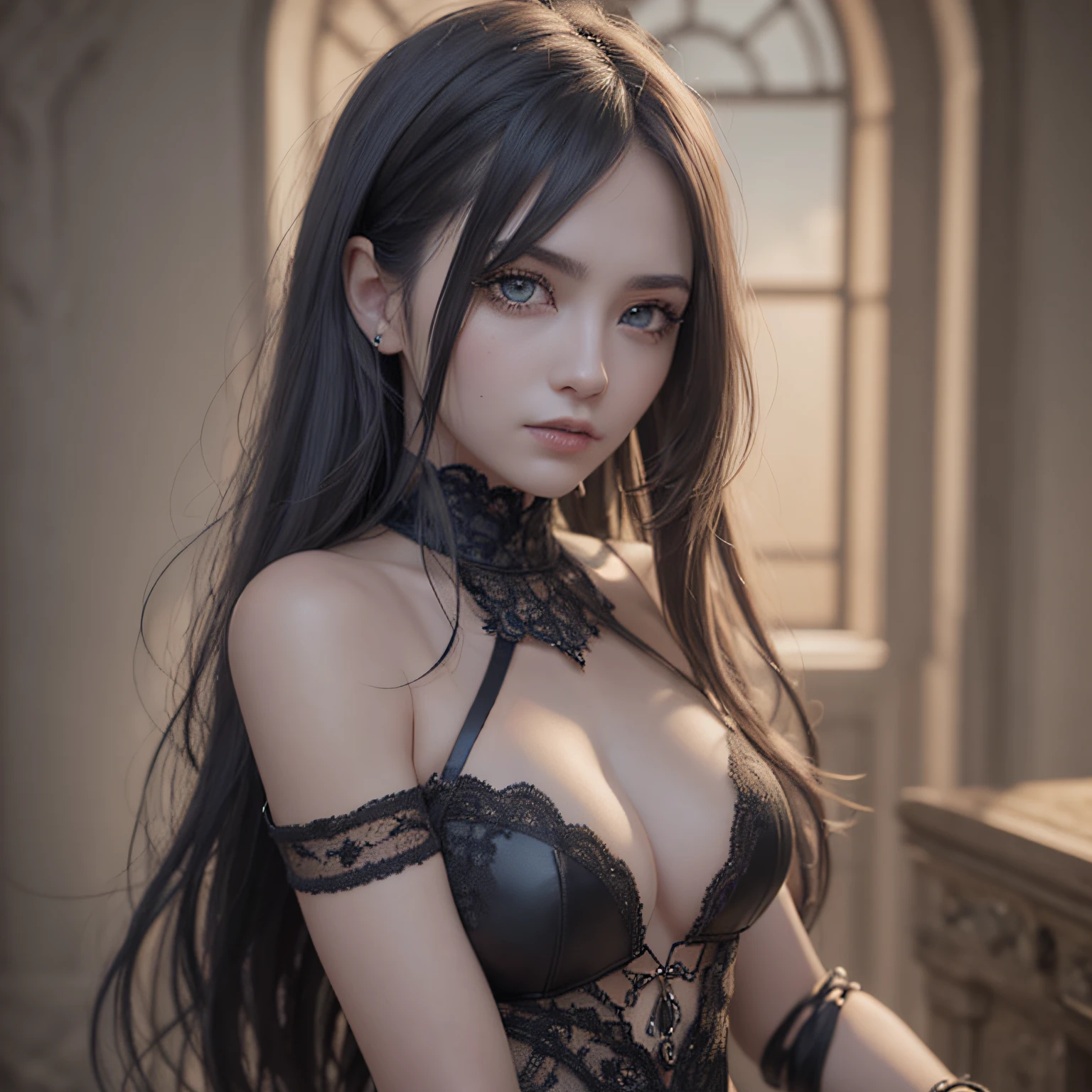 there is a woman in a black dress posing for a picture, cute face. dark fantasy, artgerm ; 3d unreal engine, dark fantasy mixed with realism, beautiful fantasy portrait, with long hair and piercing eyes, 3 d render character art 8 k, artwork in the style of guweiz, ig model | artgerm, dark fantasy portrait