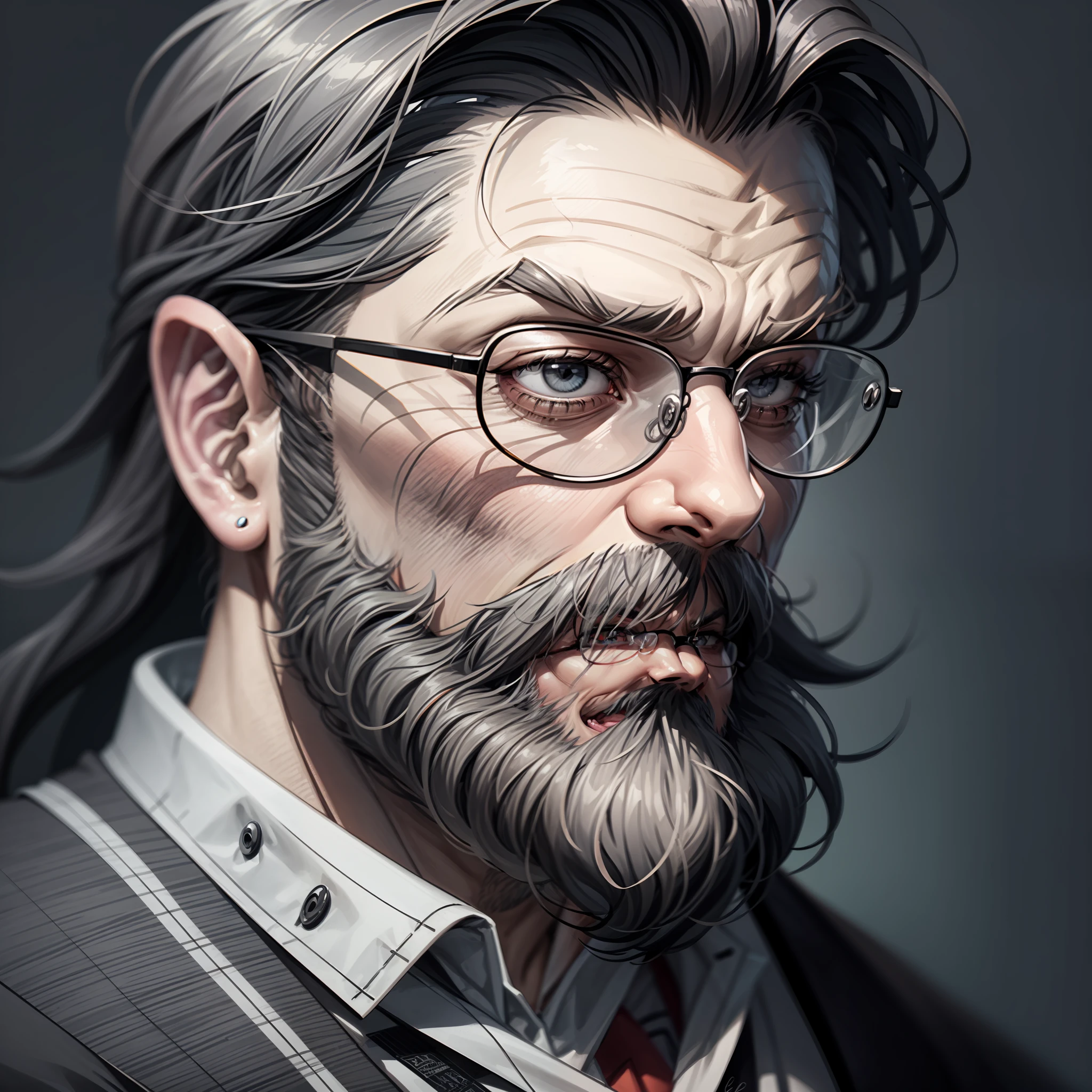 a black and white drawing of a man with glasses and a beard, epic portrait illustration, line art portrait, black and white vector art, sketch style, clean line art, detailed illustration portrait, vector style drawing, with glasses and goatee, portrait illustration, comic drawing style, vector art style, beautiful drawing style, drawing style, vector ink drawing, nerdy man character portrait --auto --s2