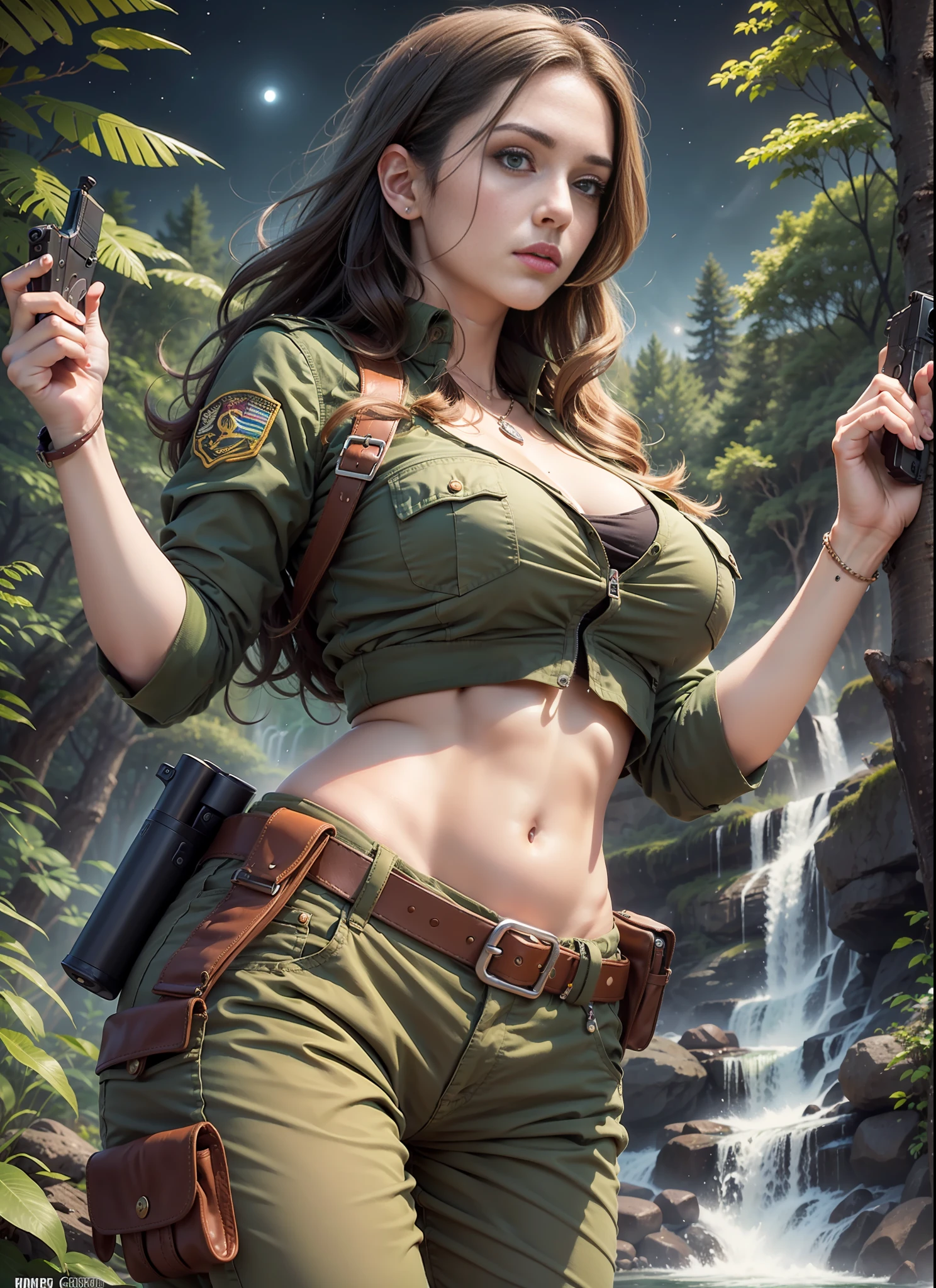 Movie poster, big chest woman, troop green pants, 1 belt, holster with pistol, just one body, front view, forest, waterfall, night