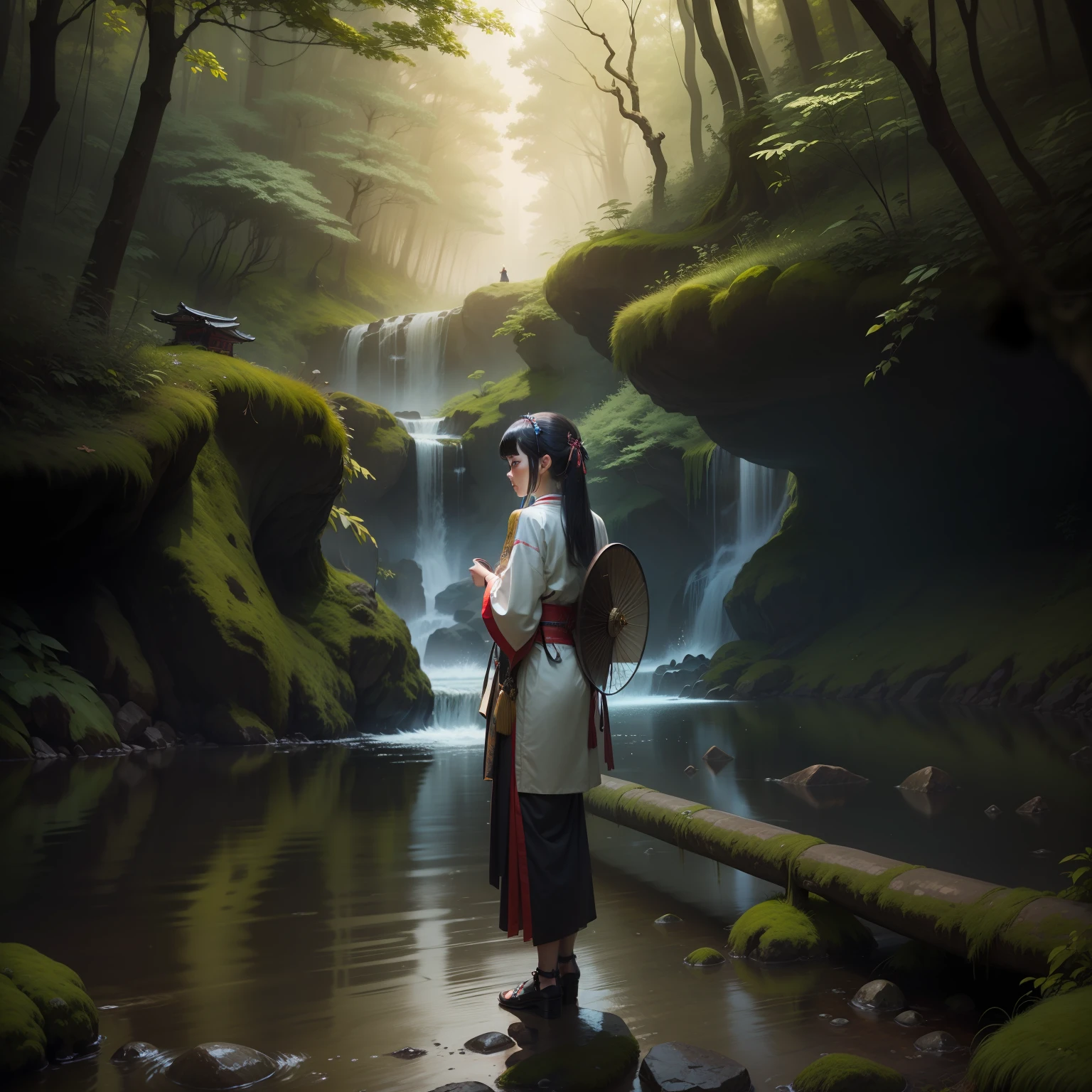 1 girl, watch viewer, wizard, horseshoe shaped hair band, samurai, mythology, forest, Japan woman, --auto