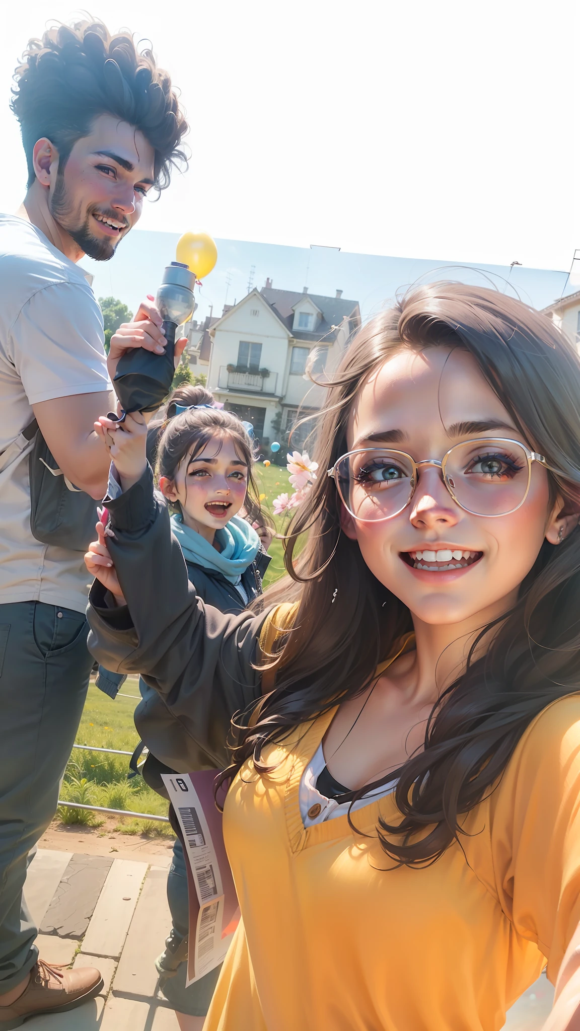 A girl holding flowers, colorful balloons floating in the sky, meadow, dancing, holding flowers, happy, happy, perfect quality, clear focus (clutter-home: 0.8), (masterpiece: 1.2) (Realistic: 1.2) (Bokeh) (Best quality) (Detailed skin: 1.3) (Intricate details) (8K) (Detail Eyes) (Sharp Focus), (Happy)