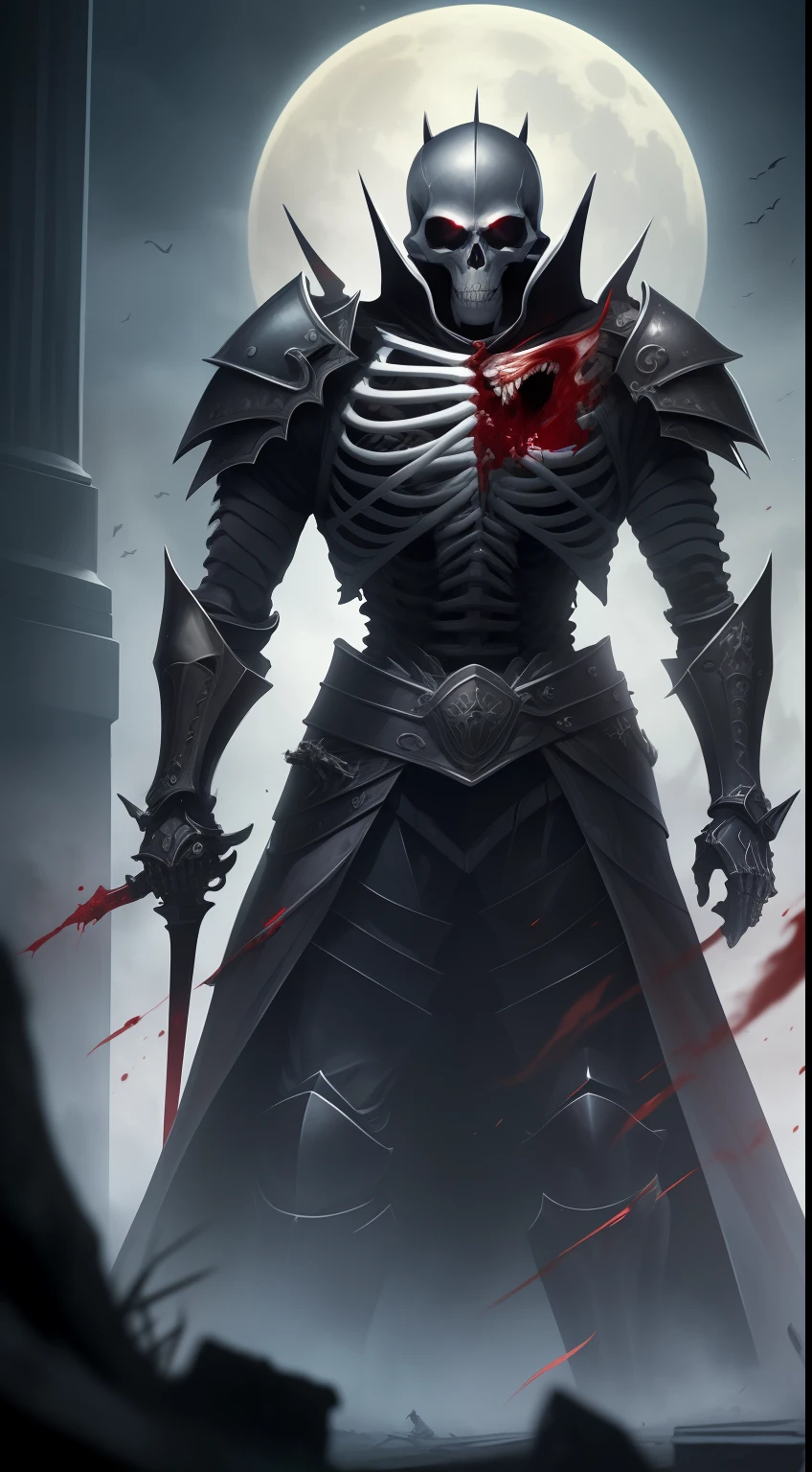 (((best quality))),(((ultra detailed))),(((masterpiece))),illustration, A fearsome skeleton knight clad in heavy black armor, wielding a massive sword, surrounded by an aura of darkness. His eyes gleam with a cold light as he stands amidst the ruins, with a blood-red moon in the background. The artwork is a stunning portrayal of the dark fantasy genre, featuring intricate details, sharp focus, and a dramatic composition. This high-quality image captures the essence of the skeleton knight’s menacing presence and evokes a sense of awe and fear. It is a true masterpiece in the realm of fantasy art.