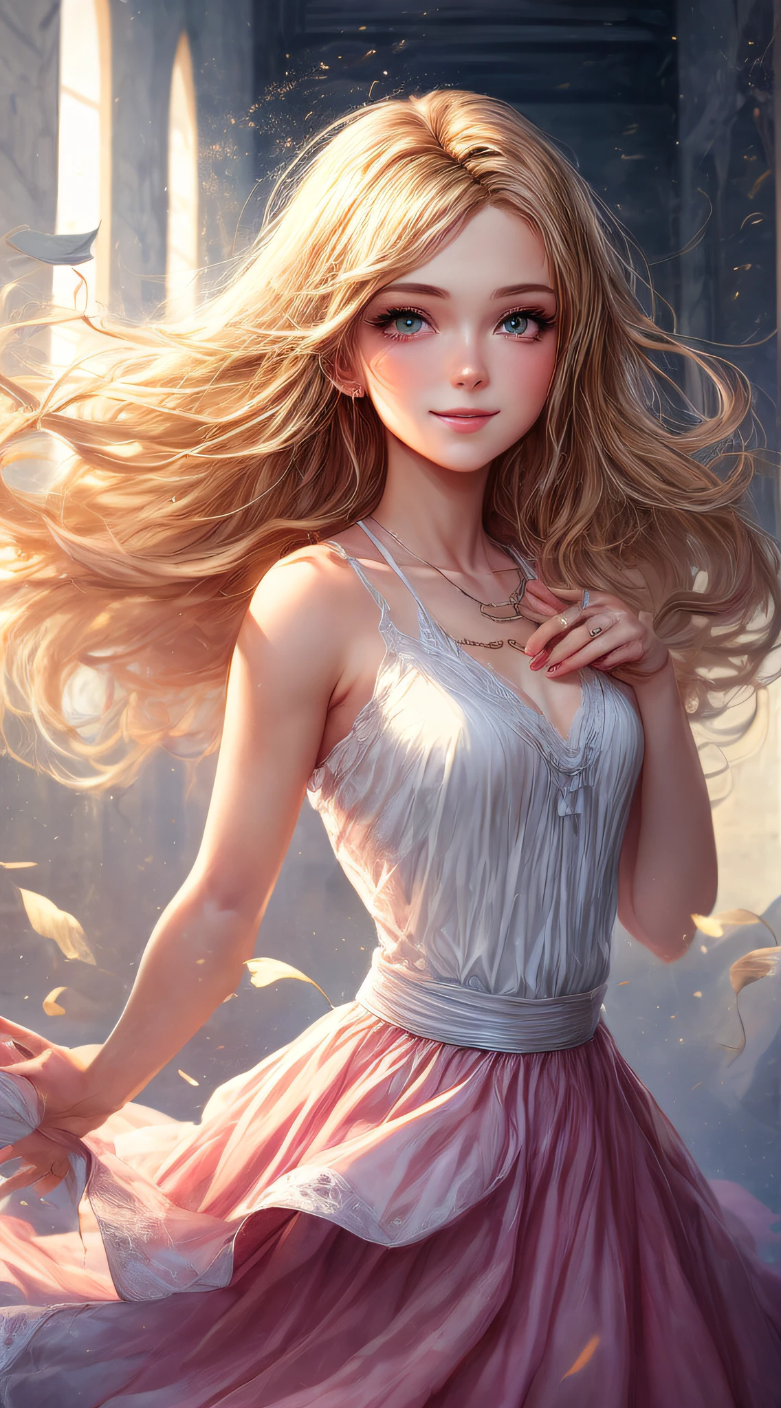 (best quality, masterpiece), young woman, barbie style, pose, digital illustration, blonde hair, pink dress, wind, upper body, simple background, looking at the viewer, white background, backlit, beautiful artwork, perfect composition, angelic smile, perfect. --auto