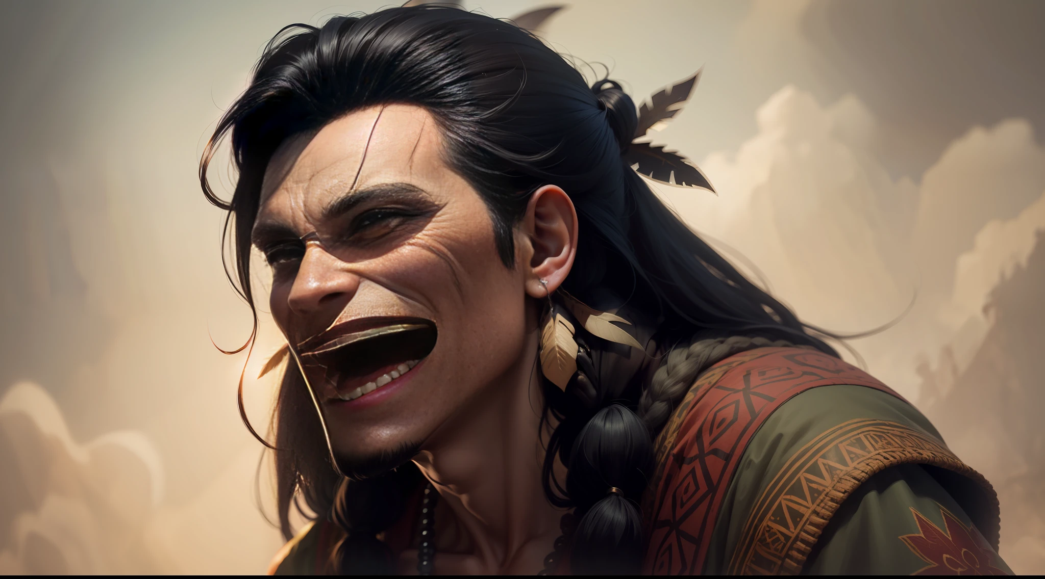 Indigenous man with demonic face with big teeth