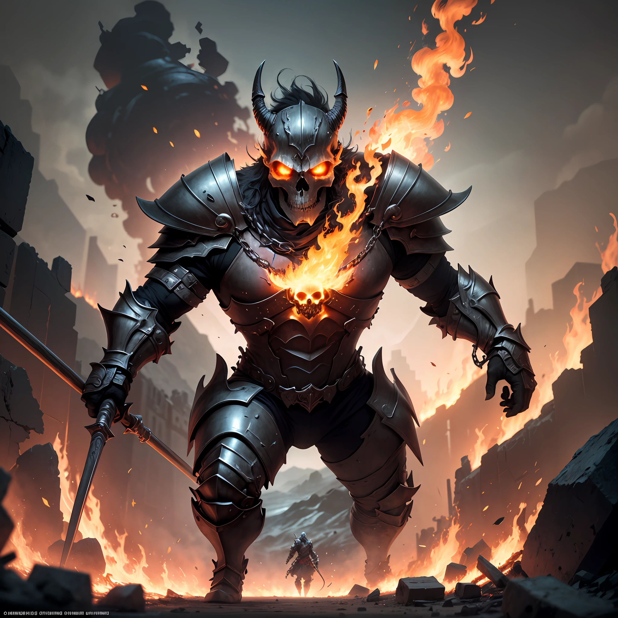 fire around neck area, a fire-being that has a skull as a head, they are a knight wearing full heavy armor and chain male, wielding a big weapon and shield. a destroyed ancient city is in the background, mayhem, magical creatures and monsters, cinematic light, ultra detailed, hd, 4k wallpaper, fantasy, rpg, realistic, fullbody, dynamic, fire eyes, flaming skull, (lava),