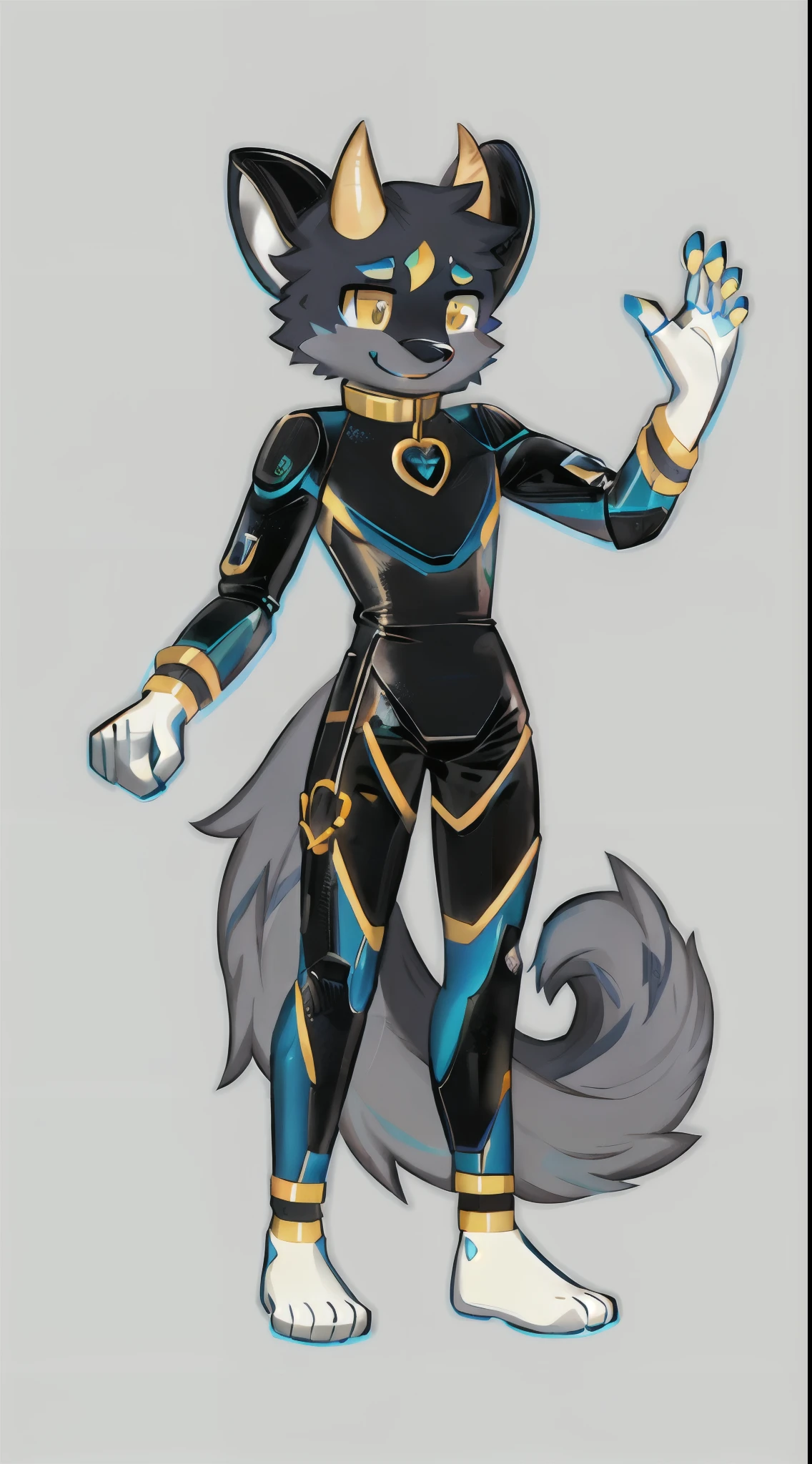 Close-up of a cartoon wolf in black and blue costume, a human wolf, male robot human orca, Frafiniti committee, Frasonetti committee, full body committee, furry character, furry fleur, furry fluffili, professional furry painting, OC committee, high resolution committee, fluffy art committee of fluffiness, yellow horns, latex coat