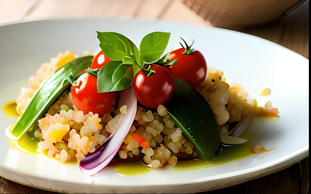 quinoa salad on a white plate on a wooden table, with diced avocado, cherry tomato cut in half, chopped red onion, and drizzled with olive oil