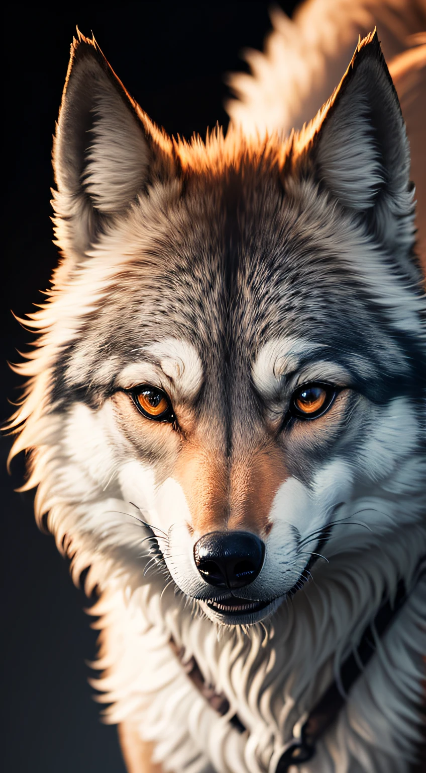 wolf face, ultrarealistic, backlit, black background, dark theme --auto