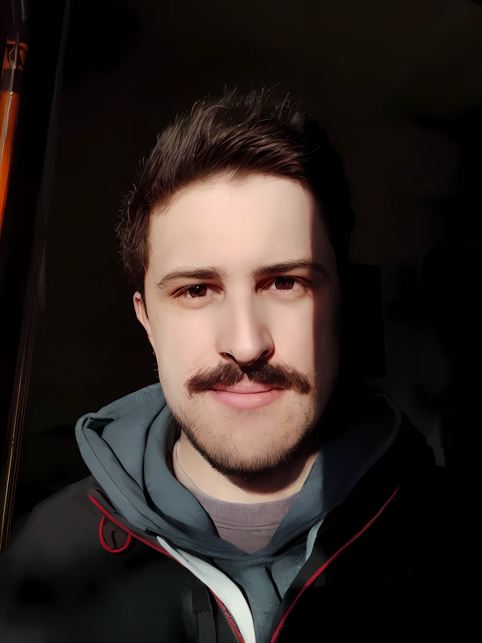 there is a man with a mustache and a hoodie posing for a picture, twitch streamer / gamer ludwig, thin moustache, with mustache, moustache, with trimmed mustache, natural mustache, he got a big french musctache, tiny thin mustache, short facial hair, alexandros pyromallis, with a small beard, small beard, thick mustache, big moustache