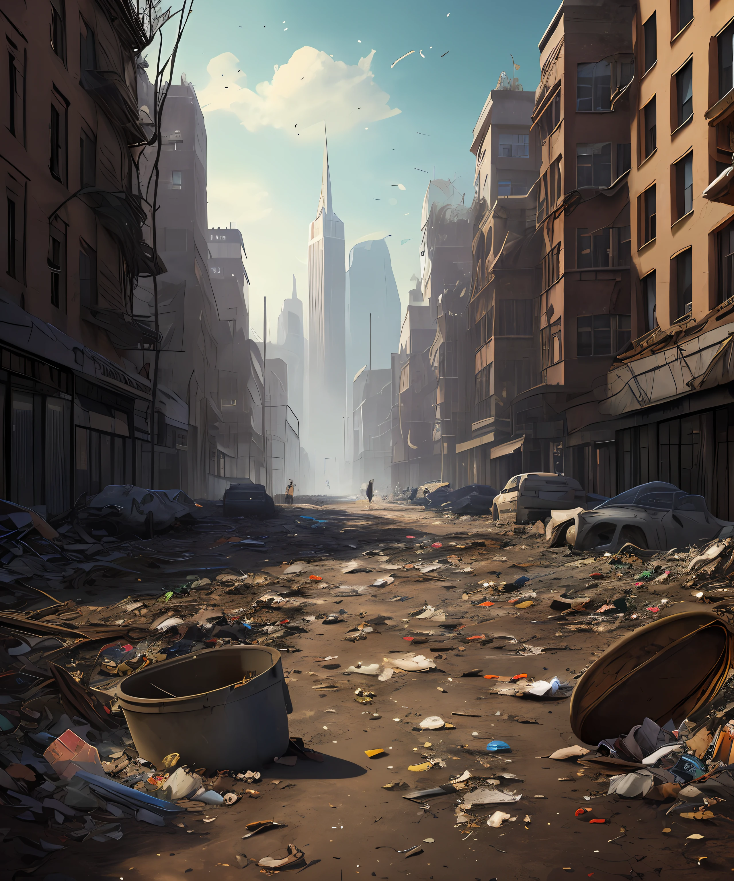 analog style, masterpiece, 8k, uhd, hdr, dslr, high quality, film grain, Fujifilm XT3, soft lighting, ring light, studio lighting, dark shadows, Wide angle Environmental shot, raw digital landscape photo of a 
desolate post apocalyptic city, crumbling buildings, trash, litter, lifeless, movie poster, cinematic, movie still,
trending on artstation, sharp focus, studio photo, intricate details, highly detailed, by greg rutkowski and frank frazetta