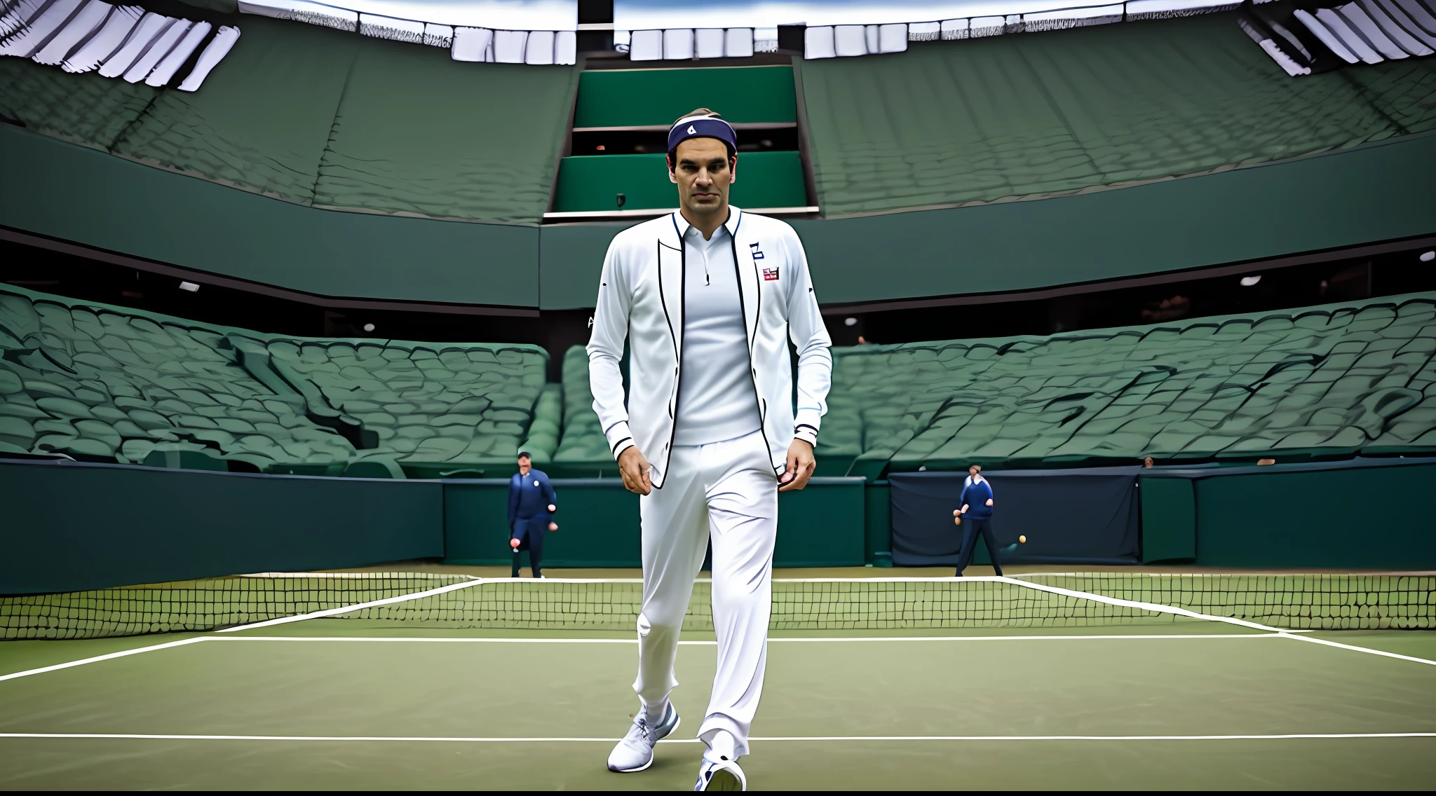Roger Federer, standing at the net, Wimbledon Tennis center court, wide full body portrait, wearing a light color single buttoned jacket with lapels, white, blue striped shirt, polka dot tie, even studio light, photorealistic, Goerz Hyperon 6.5mm F/8 --auto