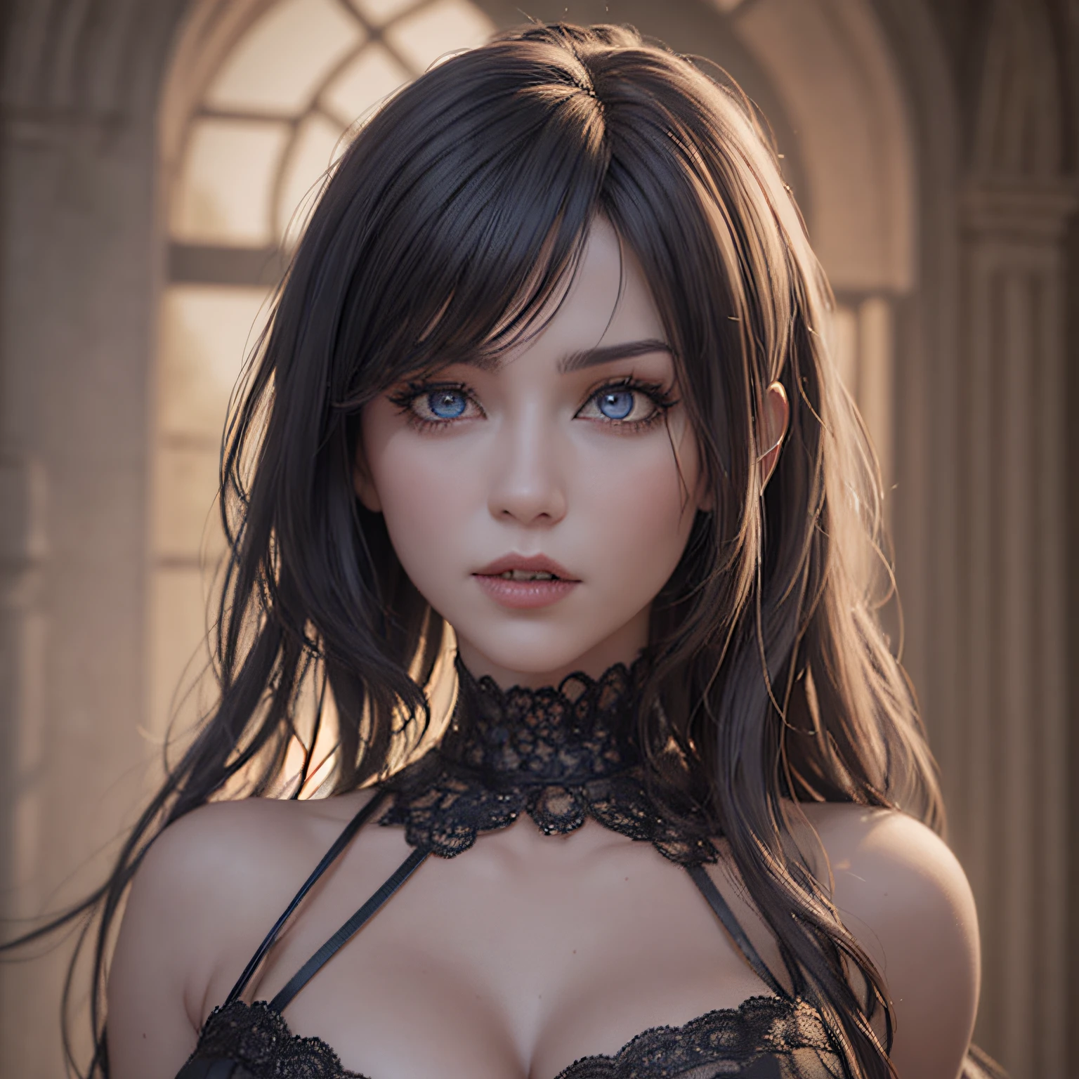 there is a woman in a black dress posing for a picture, cute face. dark fantasy, artgerm ; 3d unreal engine, dark fantasy mixed with realism, beautiful fantasy portrait, with long hair and piercing eyes, 3 d render character art 8 k, artwork in the style of guweiz, ig model | artgerm, dark fantasy portrait