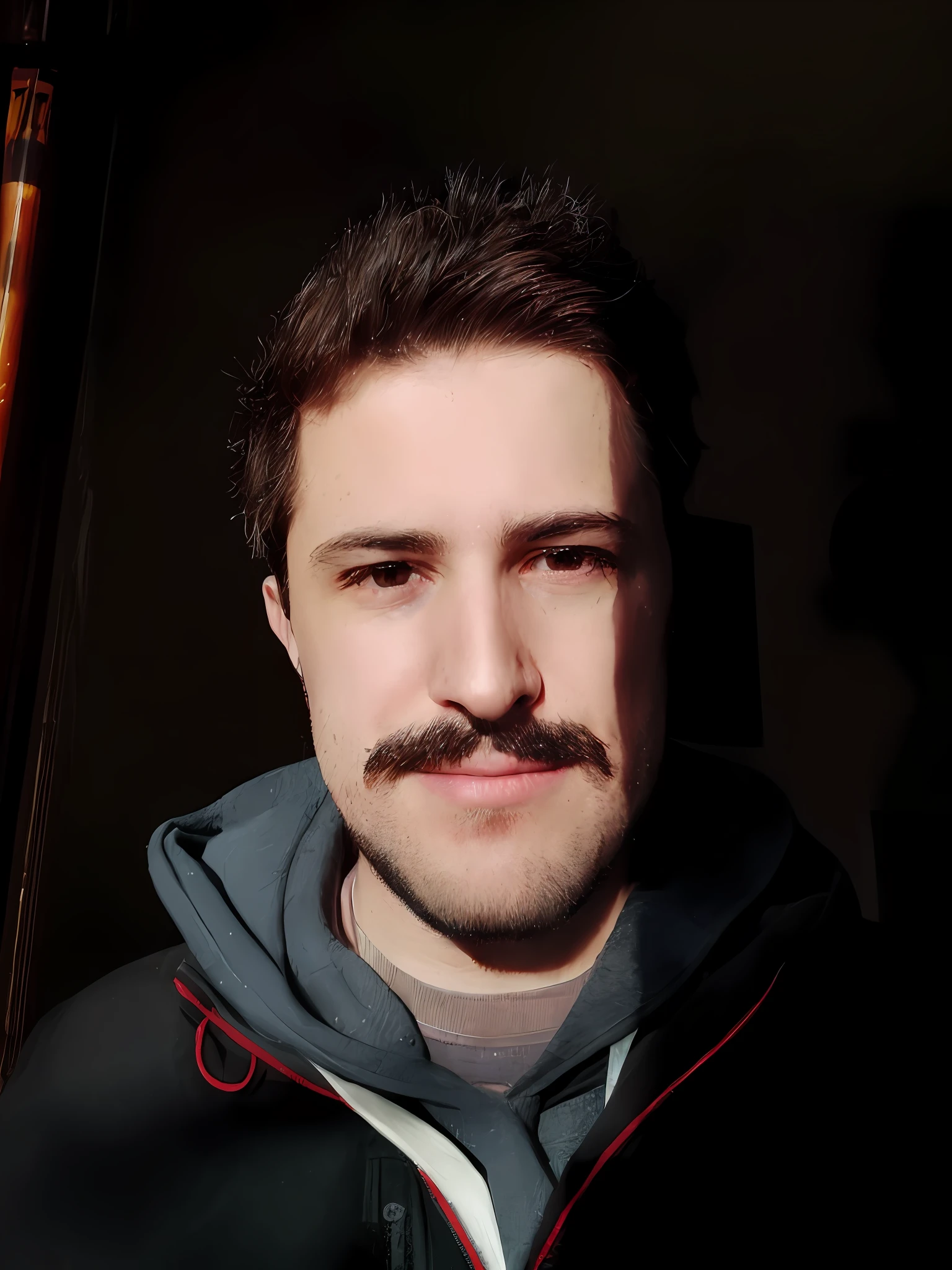 there is a man with a mustache and a hoodie posing for a picture, twitch streamer / gamer ludwig, thin moustache, with mustache, moustache, with trimmed mustache, natural mustache, he got a big french musctache, tiny thin mustache, short facial hair, alexandros pyromallis, with a small beard, small beard, thick mustache, big moustache