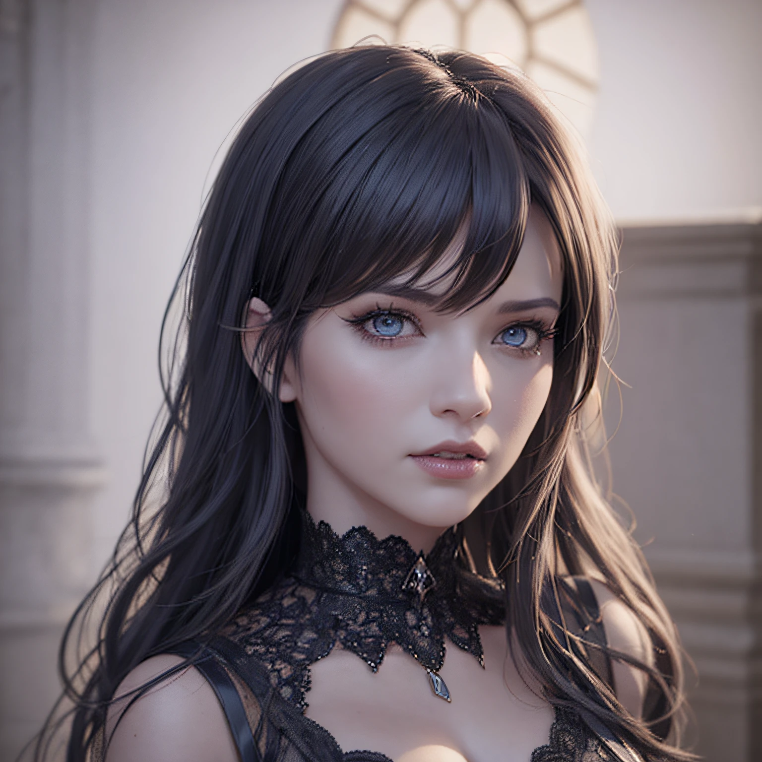 there is a woman in a black dress posing for a picture, cute face. dark fantasy, artgerm ; 3d unreal engine, dark fantasy mixed with realism, beautiful fantasy portrait, with long hair and piercing eyes, 3 d render character art 8 k, artwork in the style of guweiz, ig model | artgerm, dark fantasy portrait