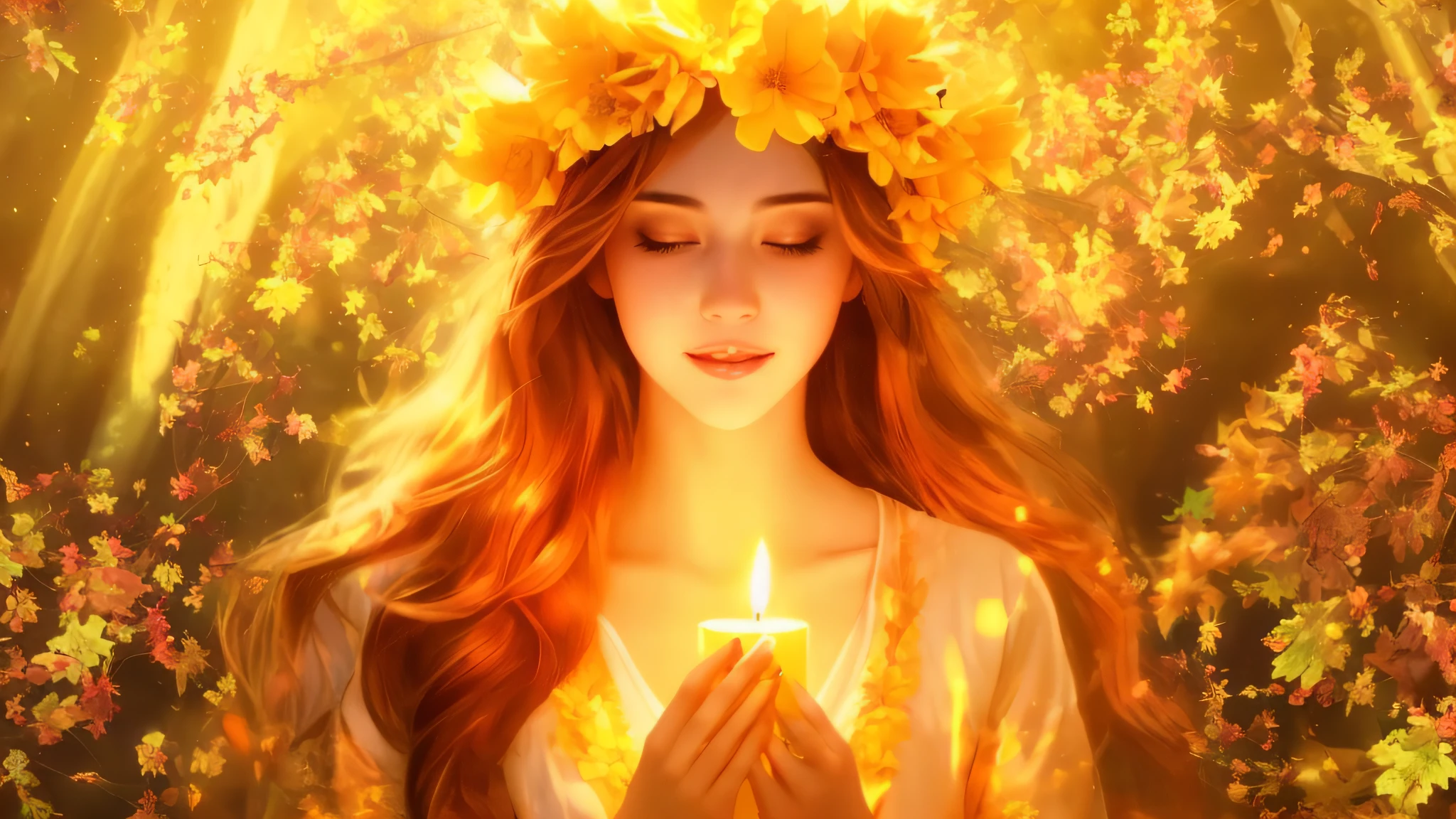 a woman with a candle in her hands and a wreath on her head, goddess of autumn, goddess of light, holy flame spell, like the sun goddess, sun goddess, beautiful yellow woman, beautiful spirit of autumn, the butterfly goddess of fire, holy flame crown spell, amber glow, beautiful goddess, goddess of flowers, goddess of fire, beautiful art, (8k, best quality, masterpiece:1.2), (realistic, photo-realistic:1.37), ultra- detailed, 1 girl,cute, solo, (nose blush),(smile:1.15),(closed mouth) small breasts,beautiful detailed eyes, (long hair:1.2),floating hair NovaFrogStyle, upper body, --auto