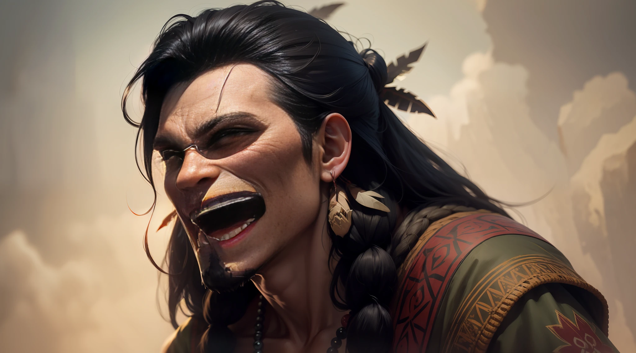 Indigenous man with demonic face with big teeth and hair like that of jellyfish with black snakes