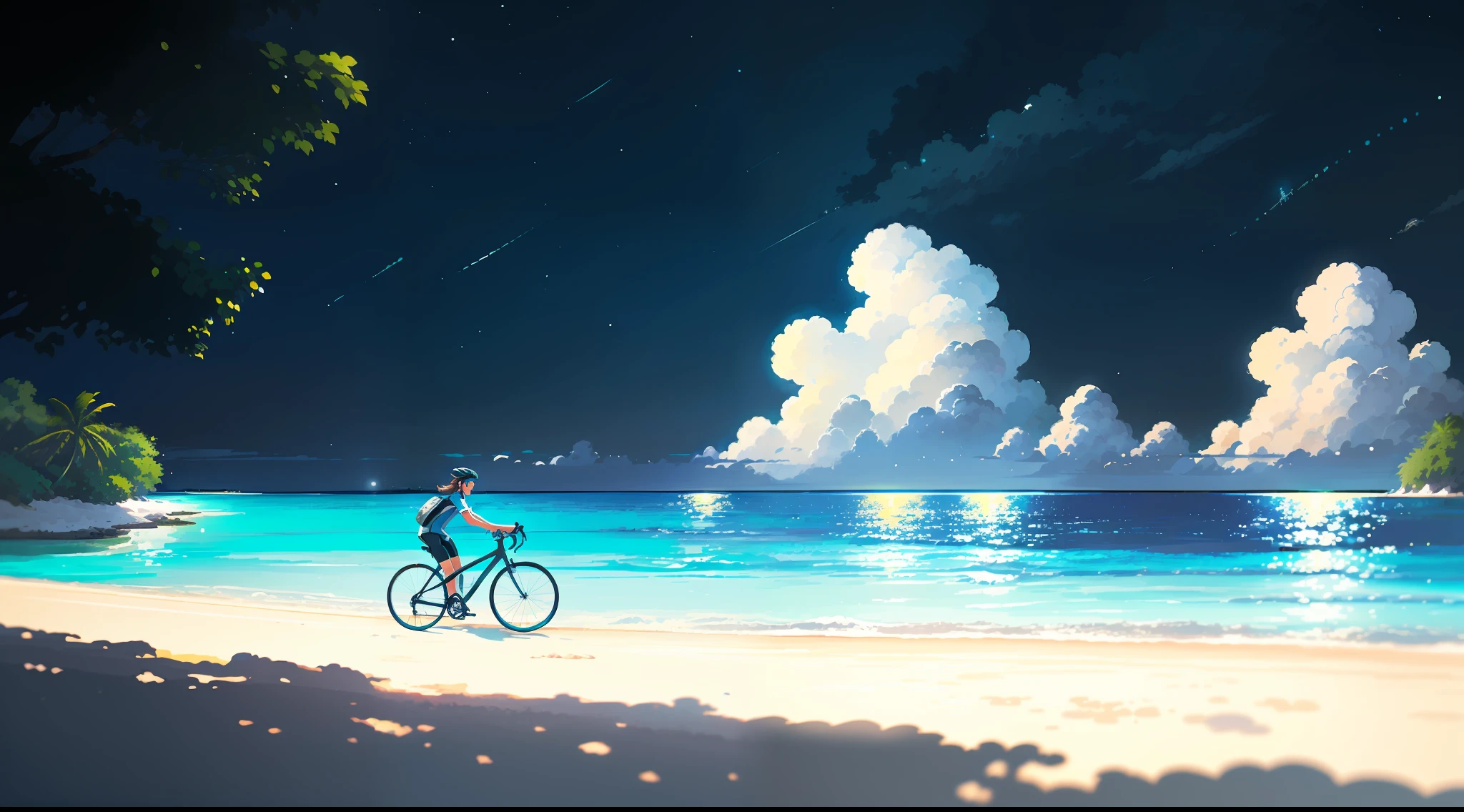 (bike: 1.5), (realistic bike: 1.5), (realistic cyclist: 1.5), back cyclist, Maldives, Sea of stars, Vadhoo Island, night, landscape background, shadows, contrast, makoto shinkai (Best Quality:1.3), (Highres:1) Art by Studio Ghibli Style, Impressionism, Solitude