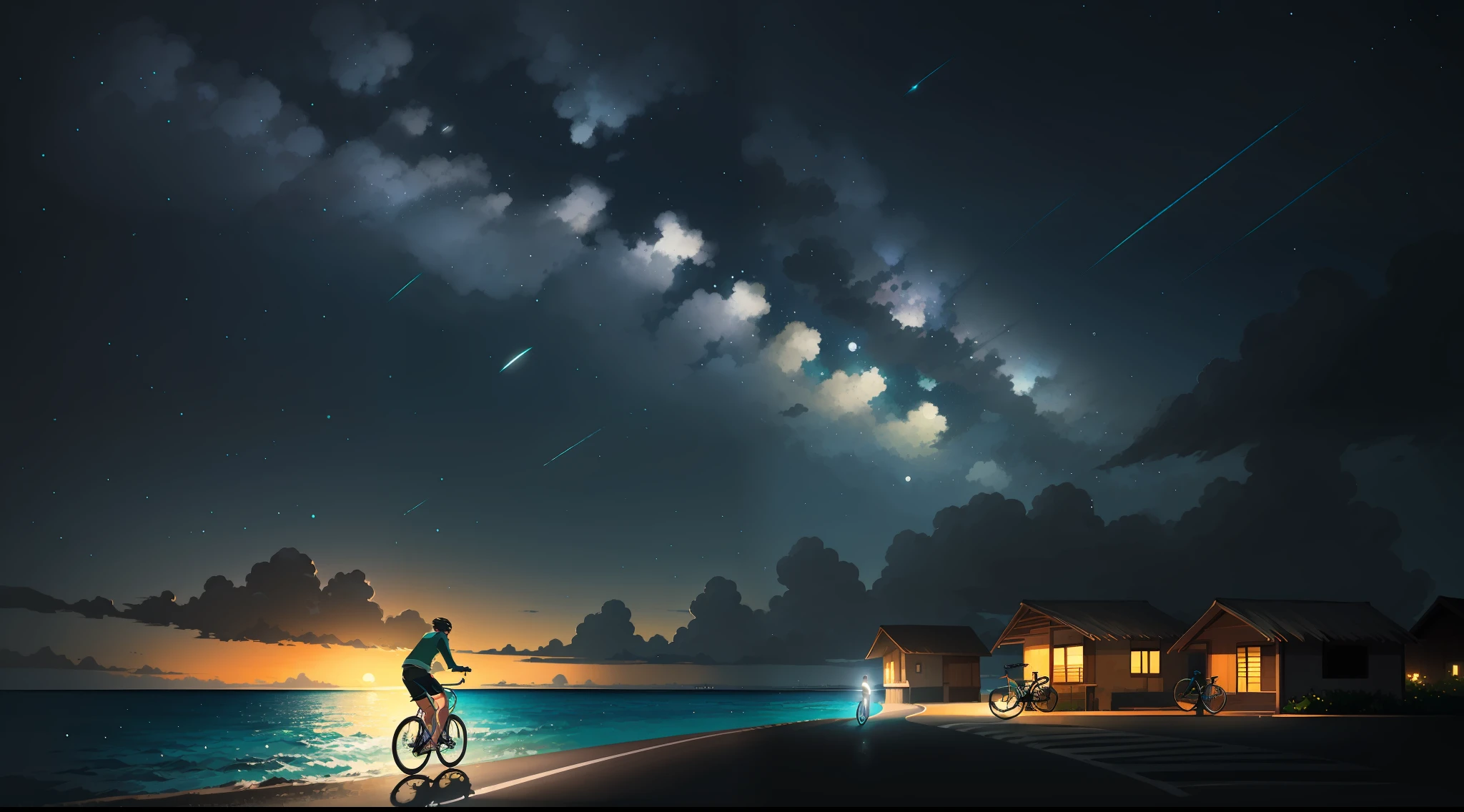 (bike: 1.5), (realistic bike: 1.5), (realistic cyclist: 1.5), back cyclist, Maldives, Sea of stars, Vadhoo Island, night, landscape background, shadows, contrast, makoto shinkai (Best Quality:1.3), (Highres:1) Art by Studio Ghibli Style, Impressionism, Solitude