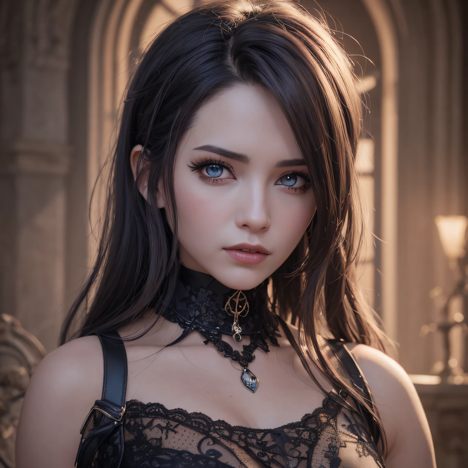 there is a woman in a black dress posing for a picture, cute face. dark fantasy, artgerm ; 3d unreal engine, dark fantasy mixed with realism, beautiful fantasy portrait, with long hair and piercing eyes, 3 d render character art 8 k, artwork in the style of guweiz, ig model | artgerm, dark fantasy portrait
