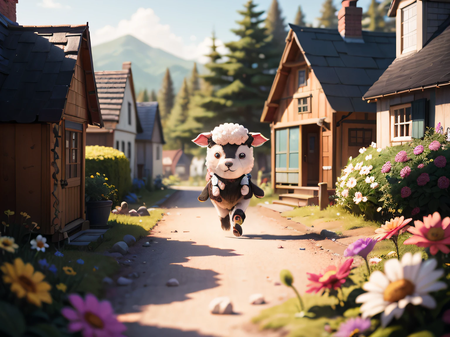 (cute world of wool felt, wool knitted fabric, cartoon), ONE sheep with black skin and dark fur walking bouncy and happy, some small houses, farms, flower houses, flowers, stones, trees, super cute, superb lighting, volumetry, by Jon Klassen, Ghibli Studio style, Tilt-shift, 80mm lens, large aperture, 3d, blender, masterpiece, super detail, better quality, --v6