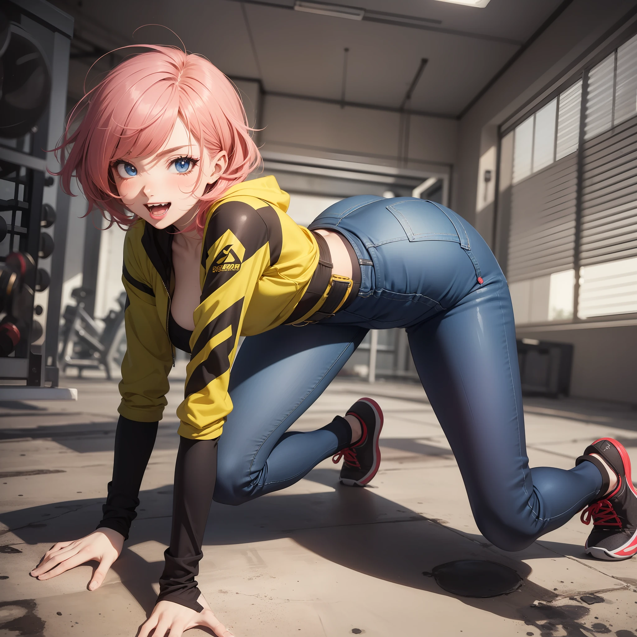 Anime portrait of an original character, volumetric lighting, best shadows, portrait of dazzlingly tomboy, athletic, delicate attractive cute face with seductive blue eyes, messy painted face, sharp eyebrows, widely smiling, mouth open, fangs out, lovely small breasts, small red pixiecut, blush eyeshadow, thick eyelashes, fitness clothes, yellow jacket, thin waist, dark jeans jeans,  with buckle belt, on all fours, seen from behind, highlighted ass (High Quality, Amazing Details:1.25), (Solo:1.3), Bright Color Paintings