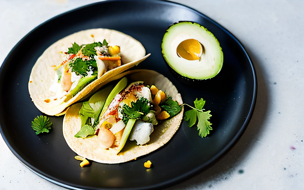 fish tacos on a black plate, 8 corn tortillas, avocado parsley and fresh cilantro to garnish