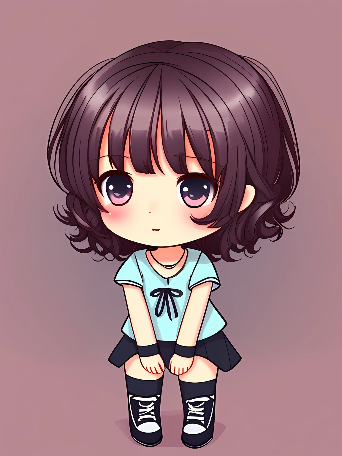a girl character with short curly hair, black eyes, in a doll cartoon style soft colors chibi style in a beautiful setting a cinema --auto --s2