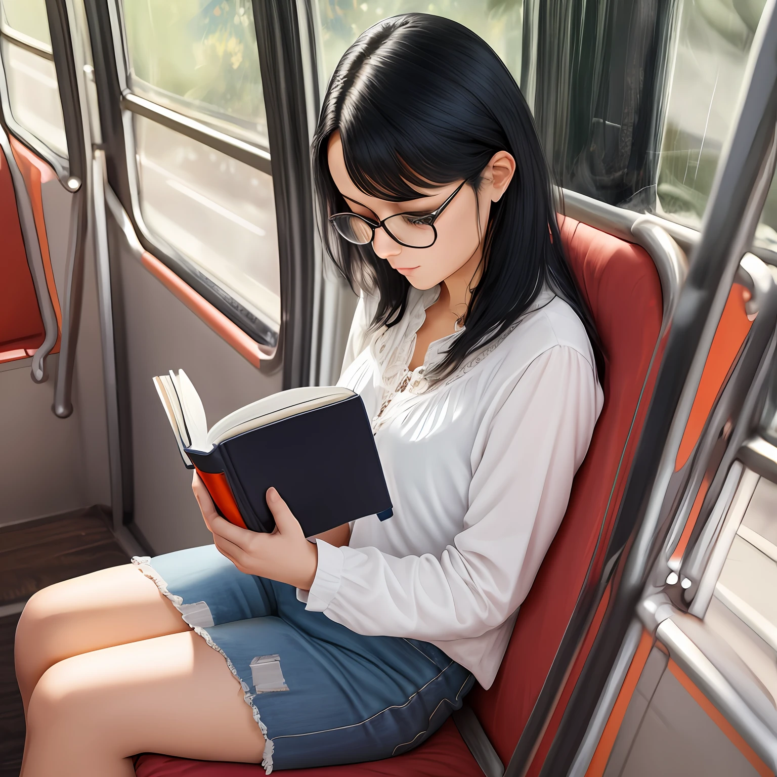 Beautiful white woman with black hair reading a Bible, sitting inside a bus, realistic photo in high resolution 4k