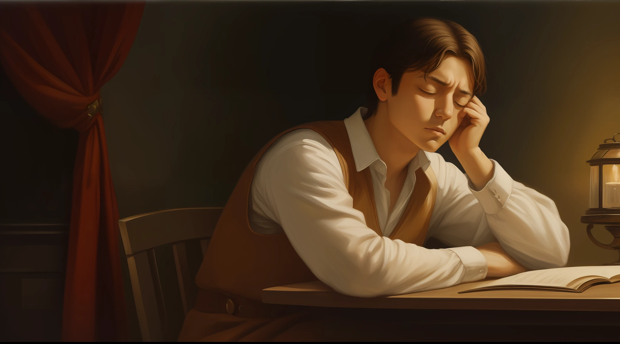 Young home, with tired face, with eyes closed (oil painting) (HD quality) (dark background)