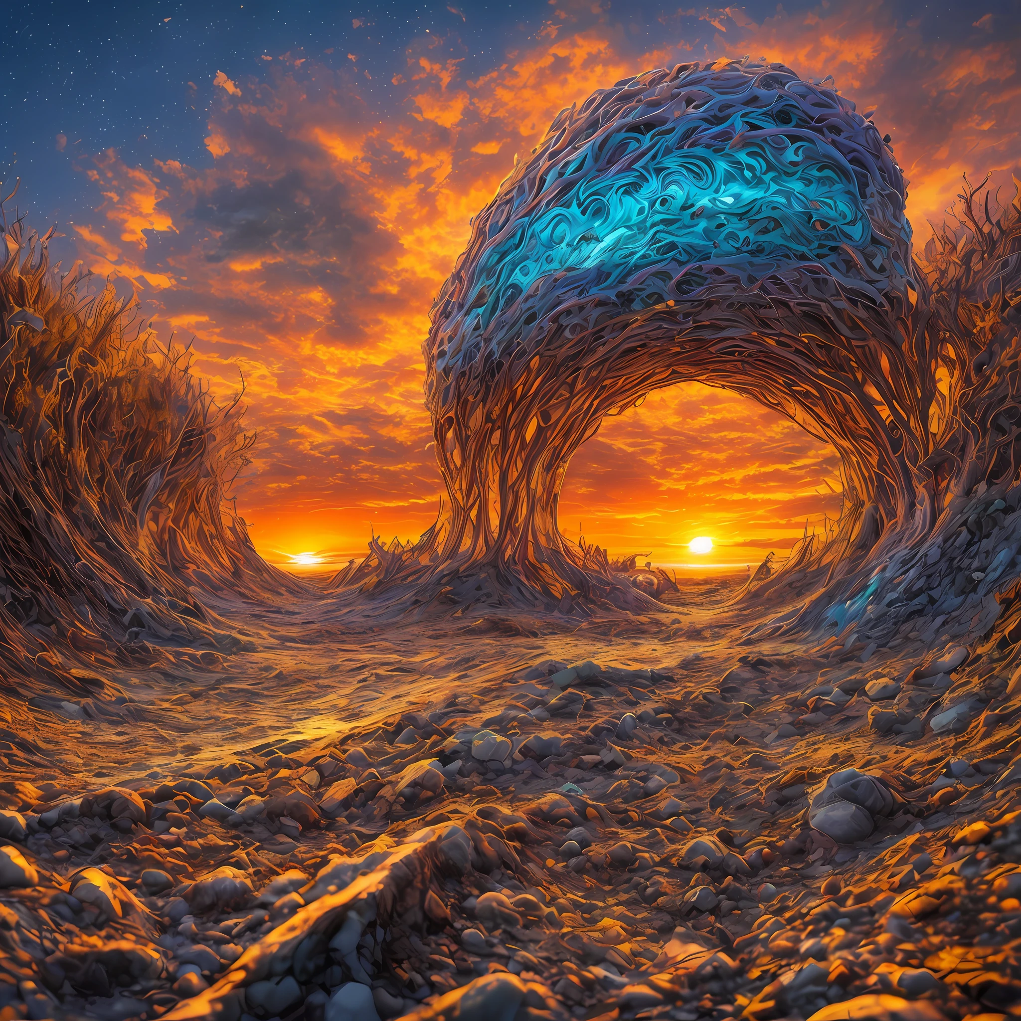 psychedelic, intricate, hyper detailed, artistic, beach, sunset, nature, turning into cosmic ashes