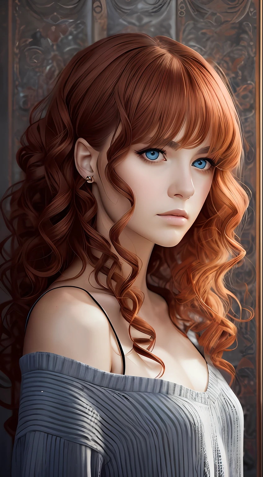 Beautiful woman, sad, red curly hair, dark blue eyes, melancholy features, portrait