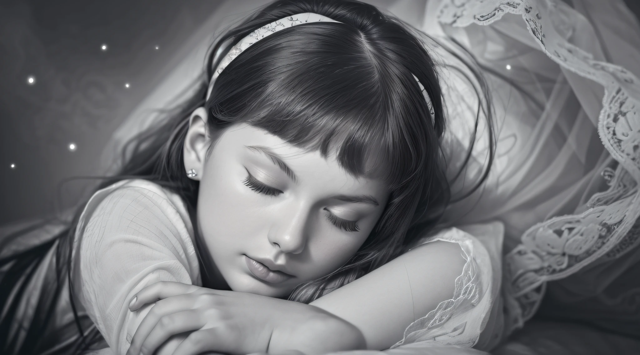 CHILD woman with a headband and closed eyes, sleepy fashion model face, dreaming face, peaceful face, beautiful languid princess, peaceful expression, taylor swift as a celestial angel, black and white portrait, p&m photo, sleeping princess!!!!, sleepy, head resting on hands, with eyes closed, black and white portrait, solemn expression