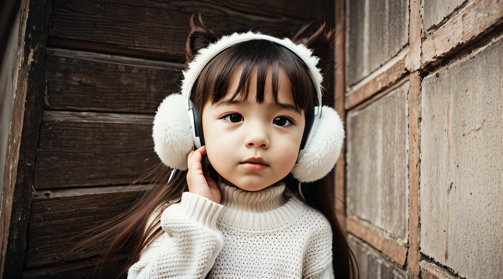 CHILD girl with long hair wearing a white sweater and muffled black ears.