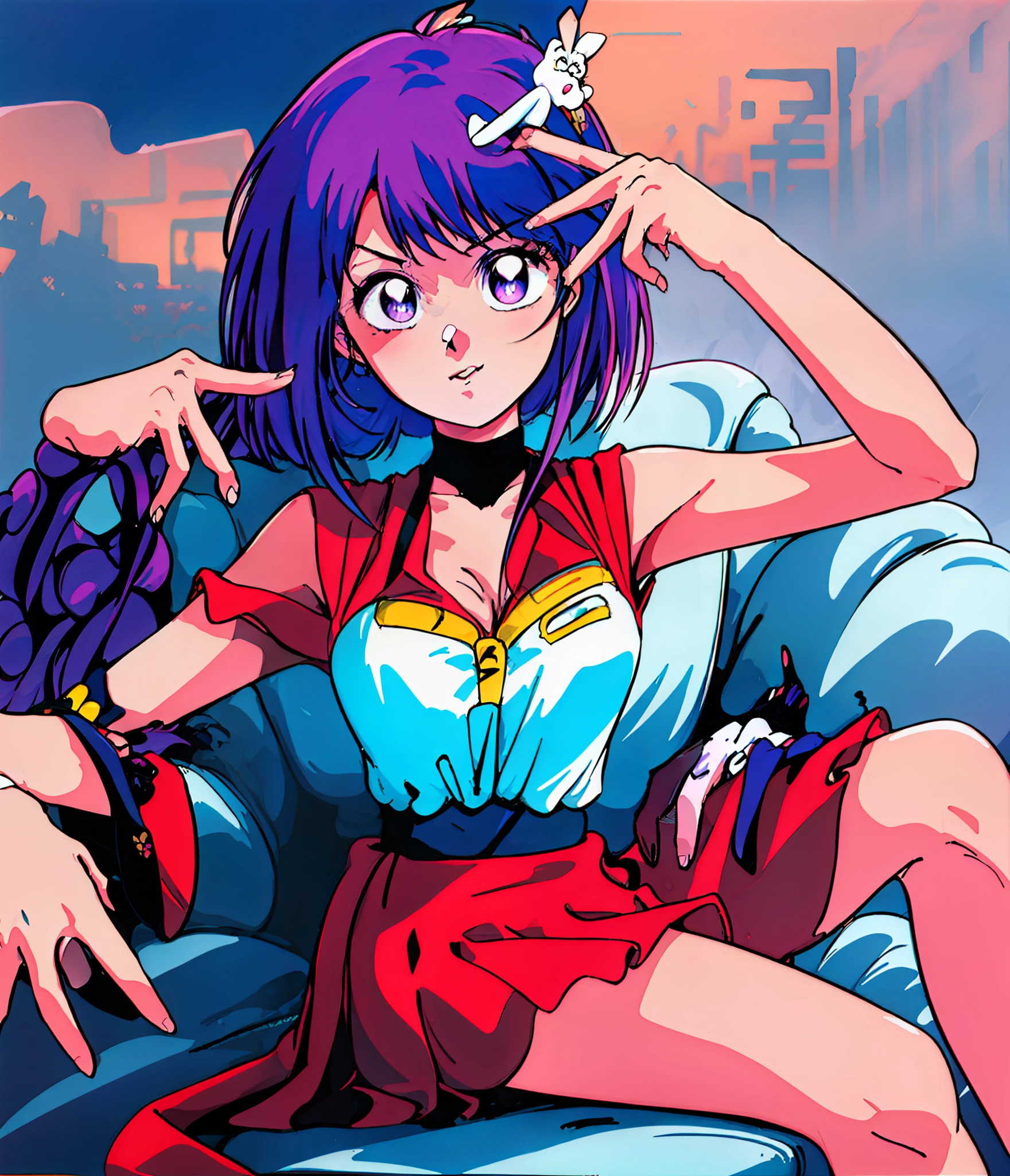 "Darter, sit beside me, let's capture the essence of a dreamy anime waifu with a touch of ai's pose. Imagine her in a dynamic pose with purple pupils and mesmerizing starry eyes, 1980s \(style\)."