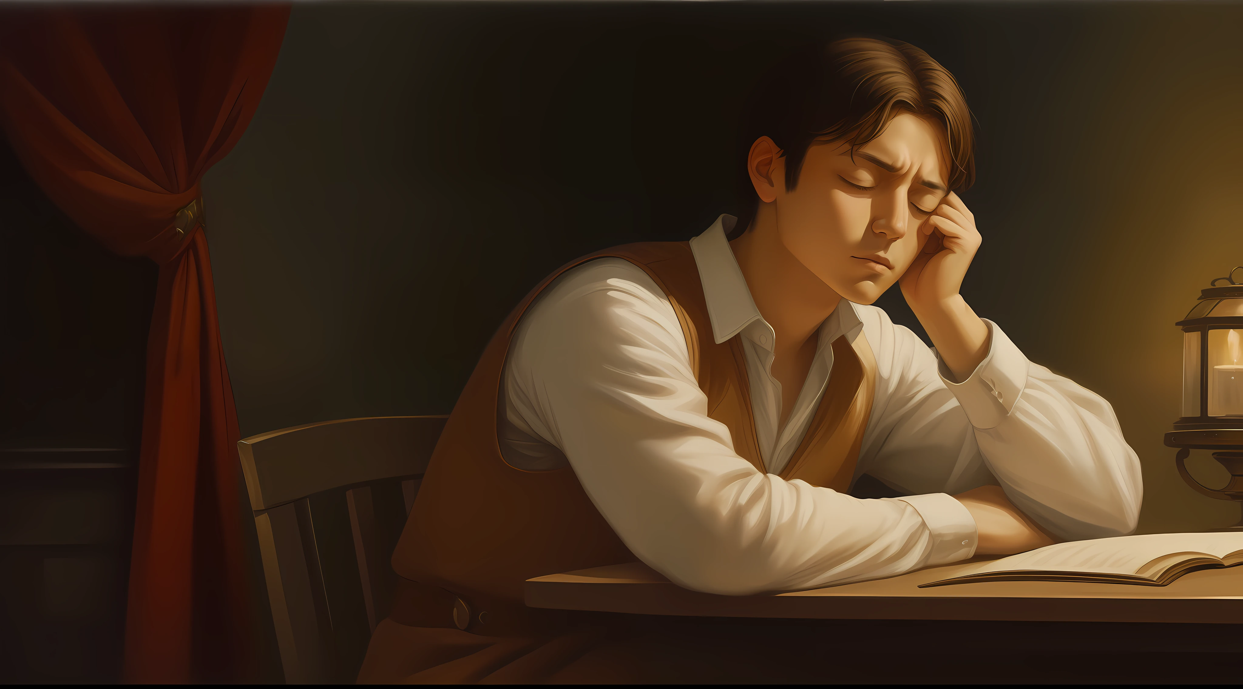 Young home, with tired face, with eyes closed (oil painting) (HD quality) (dark background)