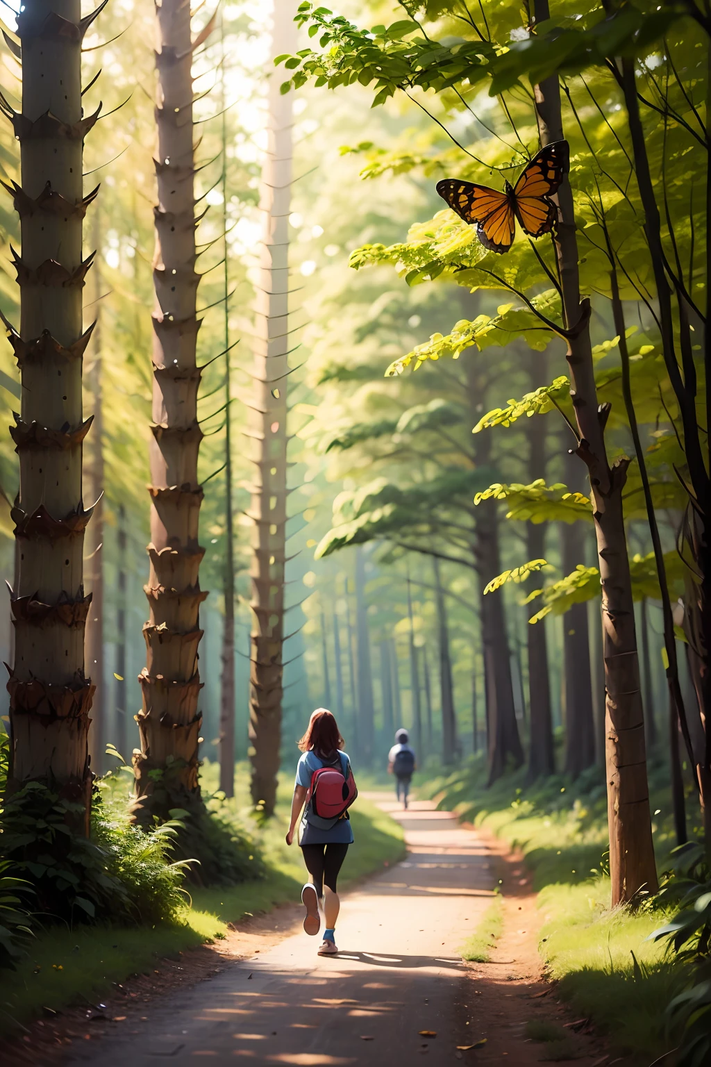 Woman walking with pants and tennis in the forest going on her back and with many butterflies flying around, I want many butterflies flying