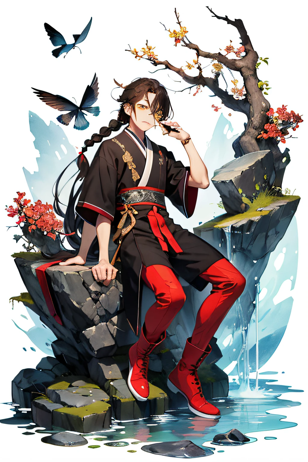 ink ,scenery tangbohu huaniao break
sword ,stone,melting, abstract, dust ,water splash,long hair, boots, 1boy, very long hair, braid, black hair, bug, bird, branch, looking at viewer, yellow eyes, red footwear, brown hair, traditional media,