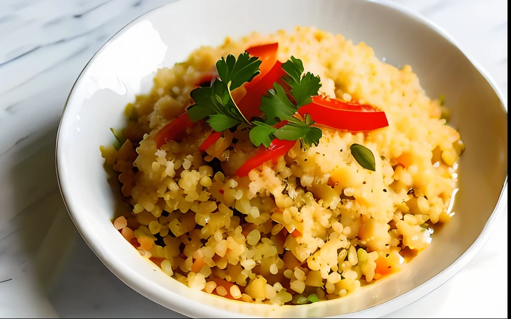 Moroccan couscous on a white plate on a marble table, with grated carrots, diced abobinha, diced red peppers, sliced almonds, lemon and olive oil to garnish and parsley
