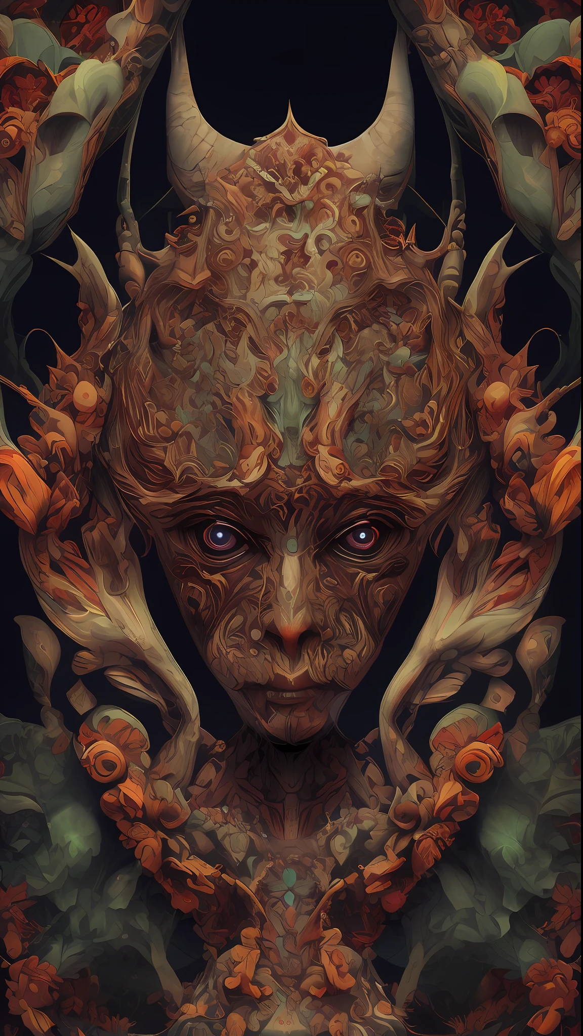 Imagine that the skin of this creature looks like it is made of tree bark, with leaves and flowers growing on its body. Digital Epic Fantasy, Symmetrical Concept Art, Sinister Fantasy Illustration, Symmetrical Epic Fantasy Art, Epic Fantasy Science Fiction Illustration, Epic Fantasy Art Style, Epic Anime Art, Symmetrical Fantasy RPG Portrait, Anton Fadeev and Dan Mumford, (Masterpiece, Top Quality, Best Quality, Official Art, Beauty and Aesthetics: 1.2), Extreme Detail, (Fractal Art: 1.3), Colorful, Most Detailed
