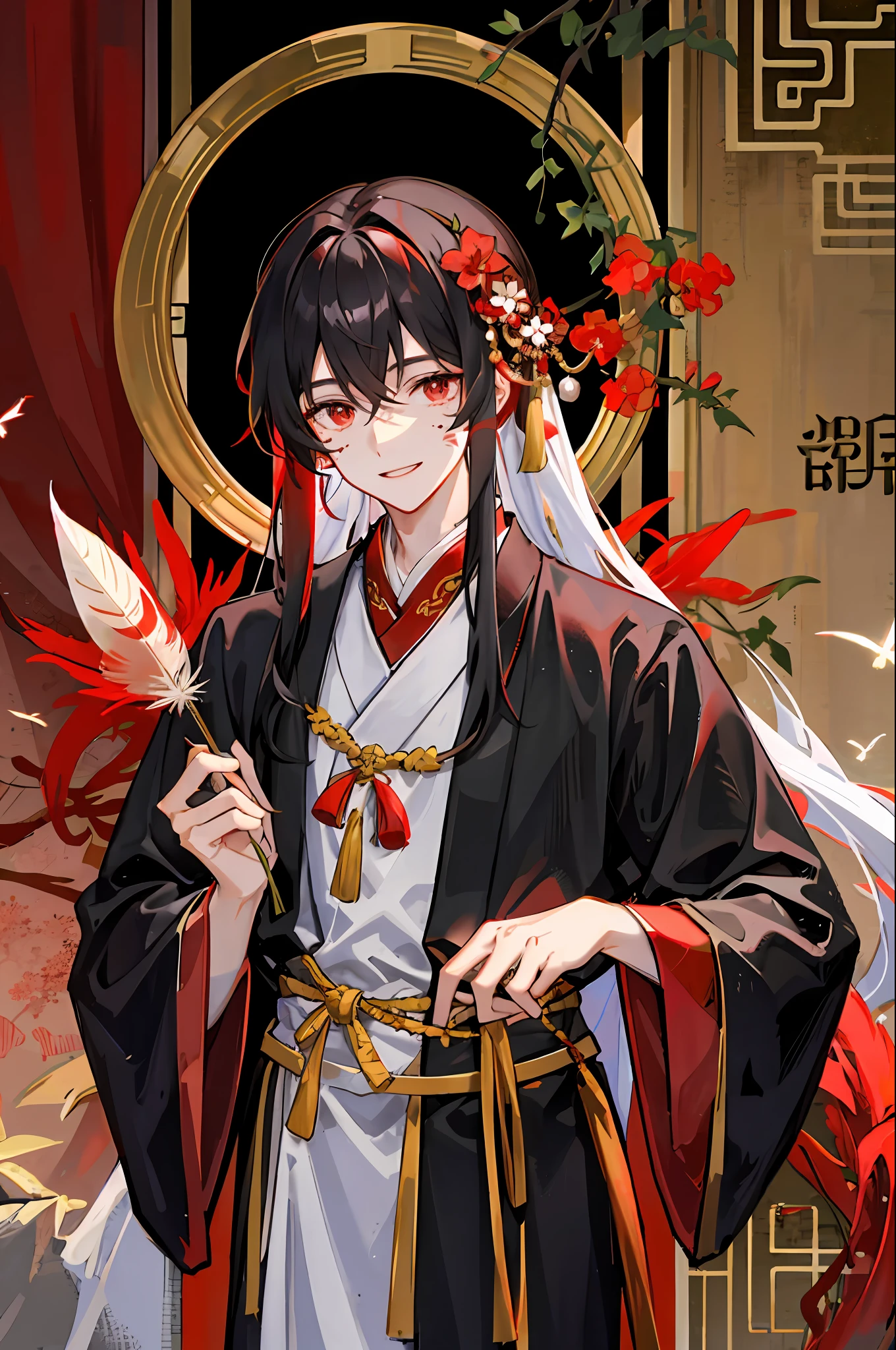 A young man, Hanfu costume, semi-long hair, red eyes, feather-like birthmark under the eyes, smile, holding red iris flowers, tall red tree background, full of red feathers, a young man, Hanfu costume, semi-long hair, red eyes, feather-like birthmark under the eyes, smile, holding red iris flowers, tall red tree background, red feathers, young man, Chinese style, national style Hanfu