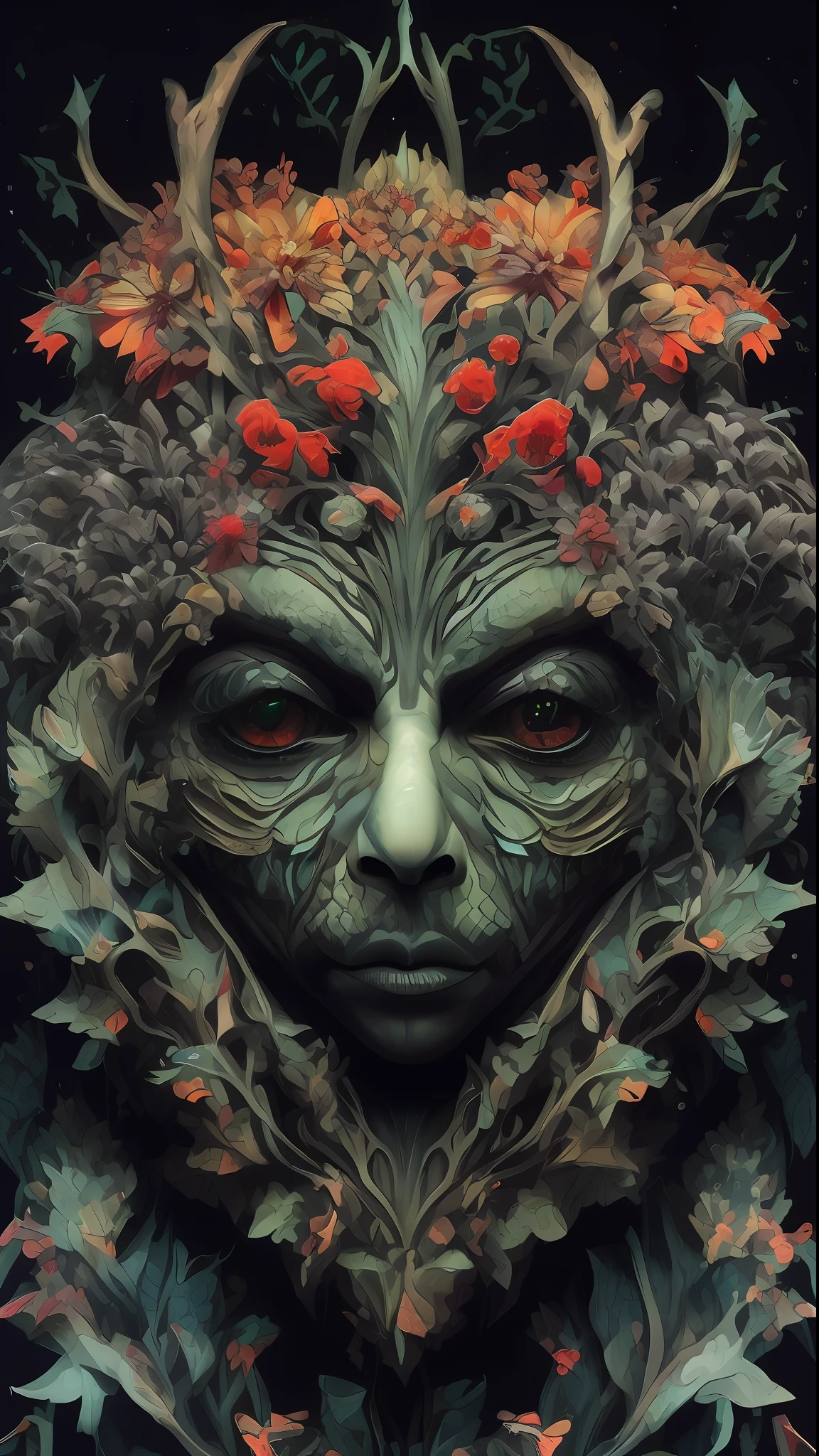 Imagine that the skin of this creature looks like it is made of tree bark, with leaves and flowers growing on its body. Digital Epic Fantasy, Symmetrical Concept Art, Sinister Fantasy Illustration, Symmetrical Epic Fantasy Art, Epic Fantasy Science Fiction Illustration, Epic Fantasy Art Style, Epic Anime Art, Symmetrical Fantasy RPG Portrait, Anton Fadeev and Dan Mumford, (Masterpiece, Top Quality, Best Quality, Official Art, Beauty and Aesthetics: 1.2), Extreme Detail, (Fractal Art: 1.3), Colorful, Most Detailed