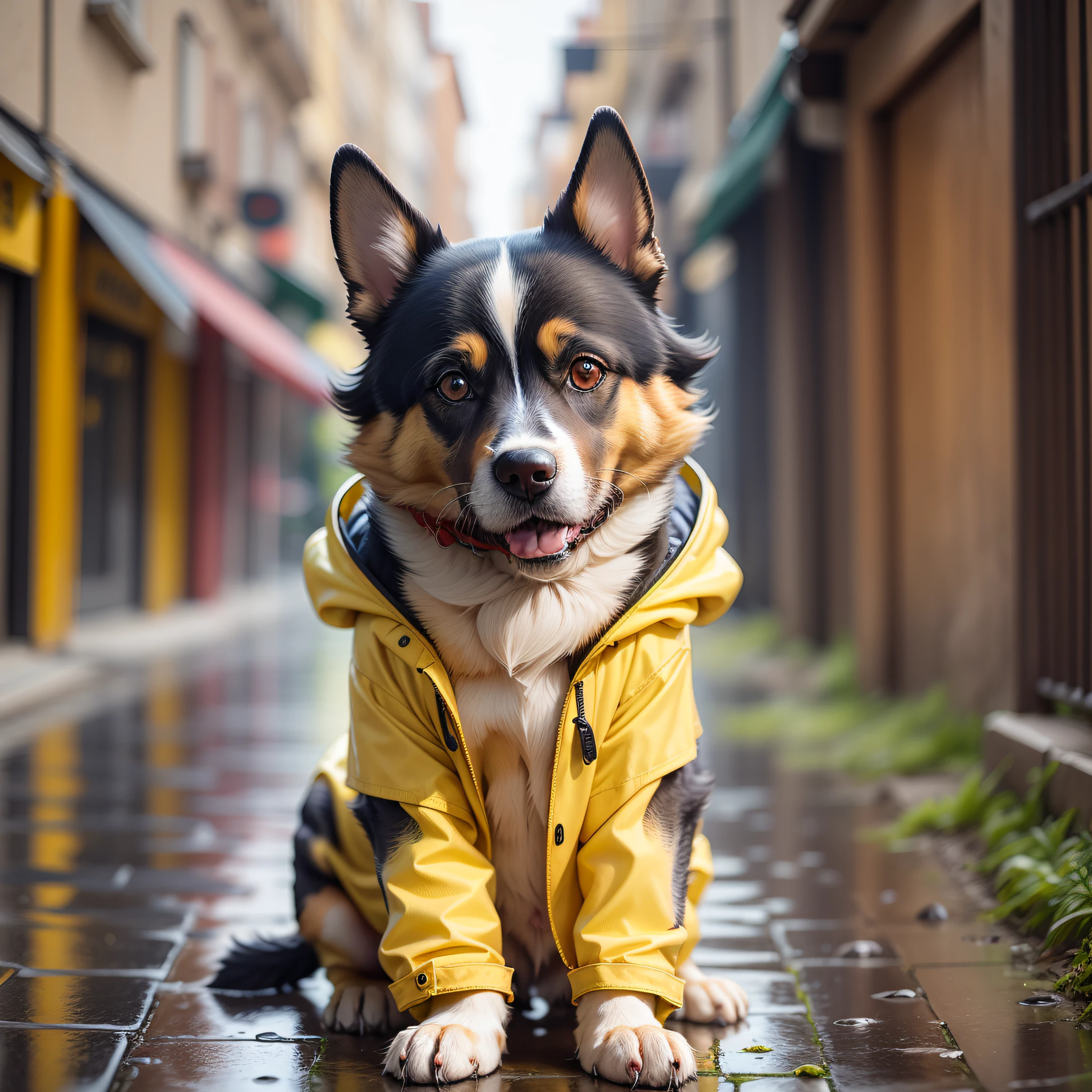 Dog with yellow raincoat