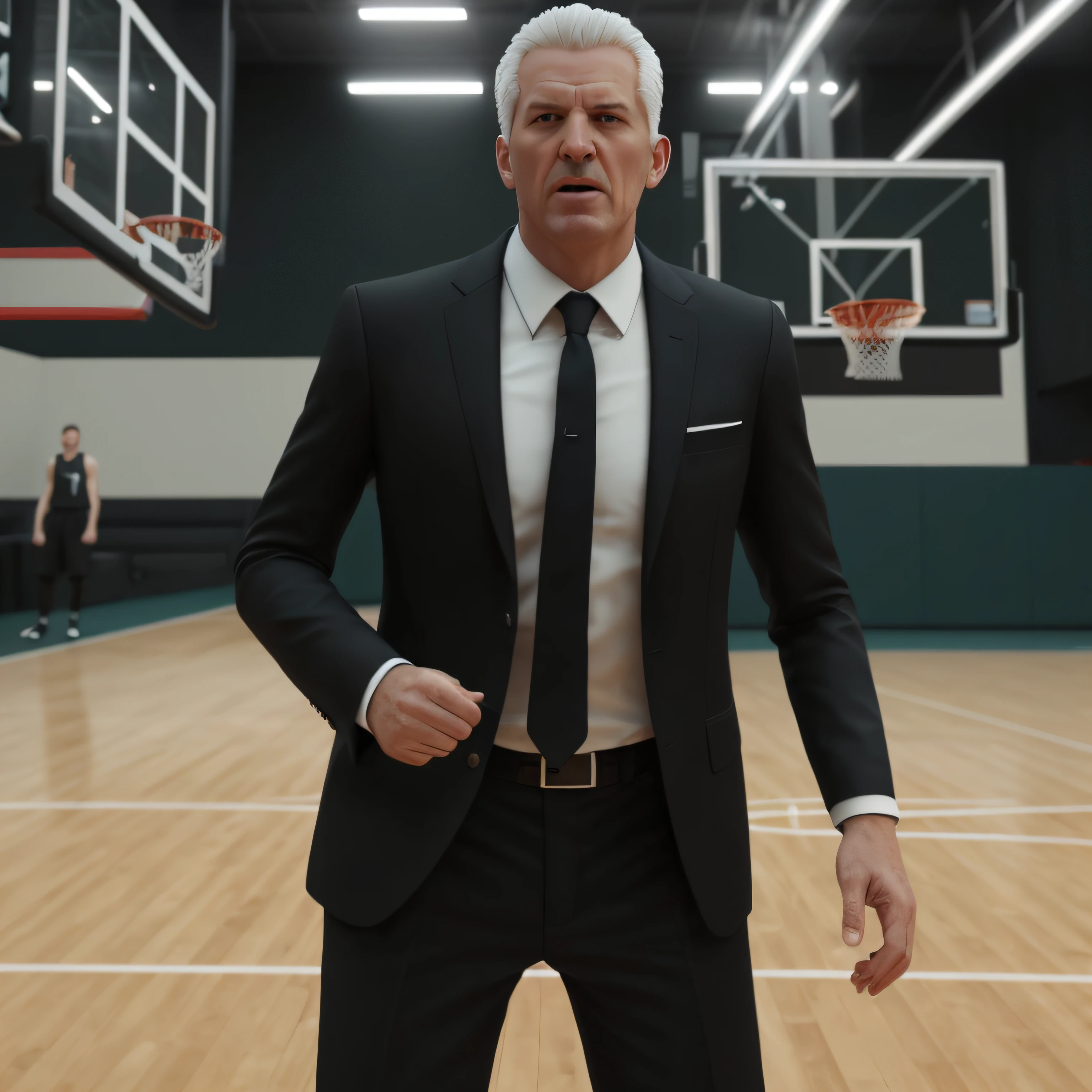 1 man, very tall stature, basketball coach, angry on the court, short white hair, green eyes, wearing black suit, (4k, photorealism, octane render) --auto