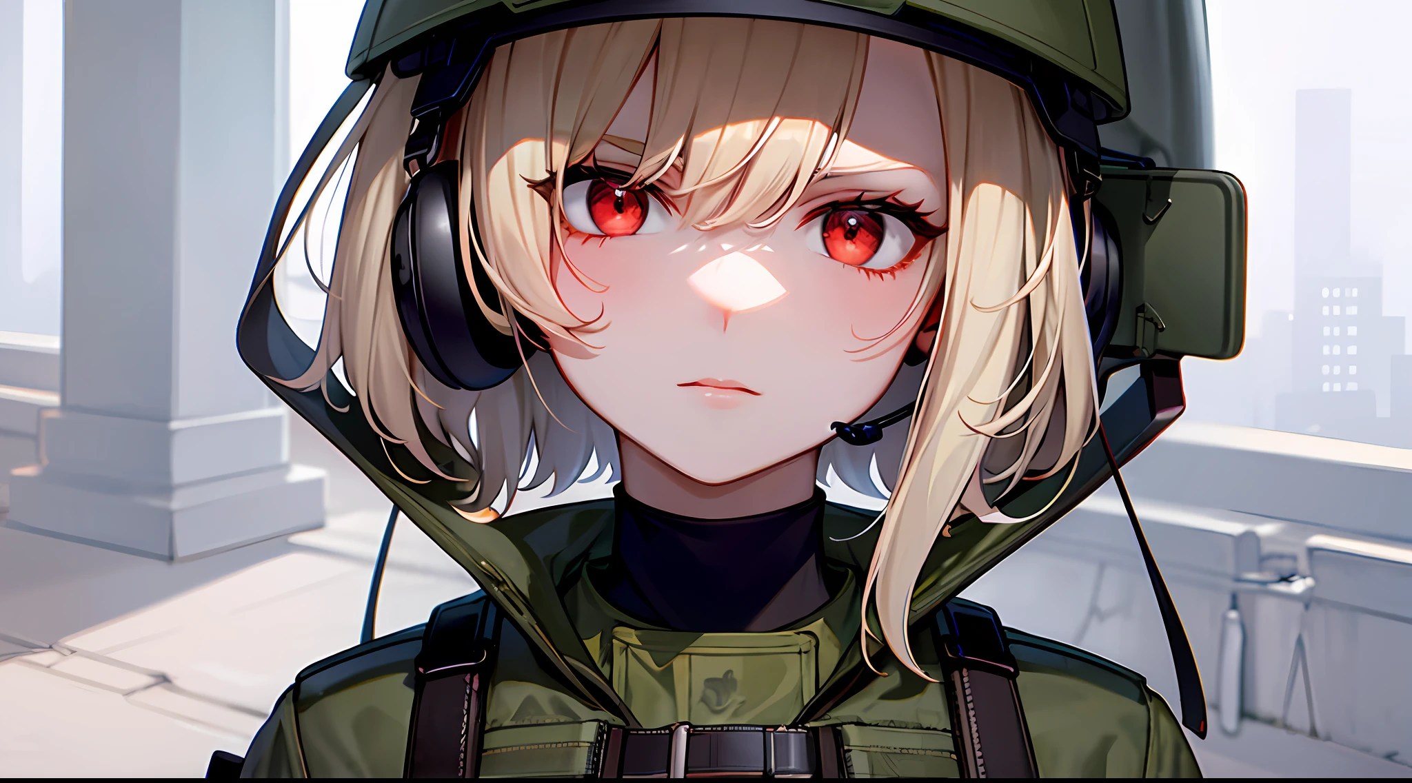 masterpiece , a girl, in Airfield, ( lite white short hair:1.2), (red eyes:1.2), (Russian Millitary Uniform:1.2), (looks at the viewer:1.2) , (8k, best quality 1.2), ultra-detailed, 8k uhd, soft lighting, high quality, film grain, beautiful lighting, cinematic ,perfect body , best illumination, best shadow, sharpness, contrast, red glasses, messy hair, tactical vest, gloves, headset, absurdres high detailed face, serious face,